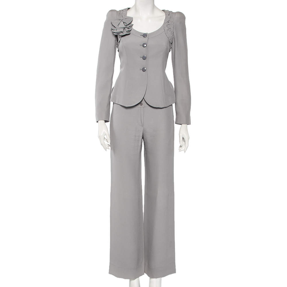 Pre Owned Armani Collezioni Grey Crepe Bow Detail Collarless Jacket & Straight Leg Trousers S