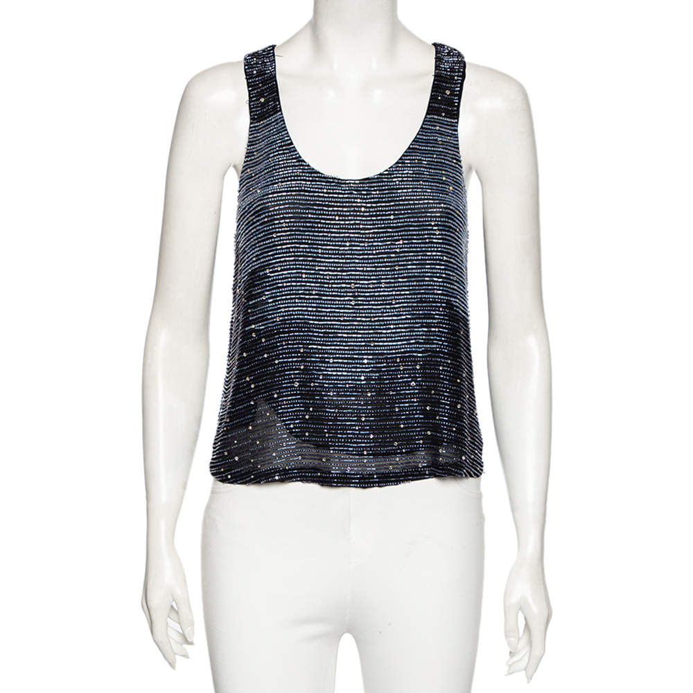 مملوكة مسبقًا Armani Collezioni Blue Bead Embellished Racerback Tank Top M