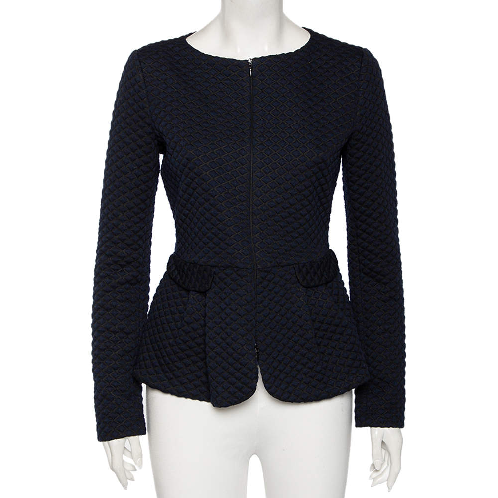 Pre Owned جاكيت أرماني كوليزيوني أسود وأزرق كحلي نمط ماسي جاكار منقوش ببليوم مقاس متوسط - ميديوم