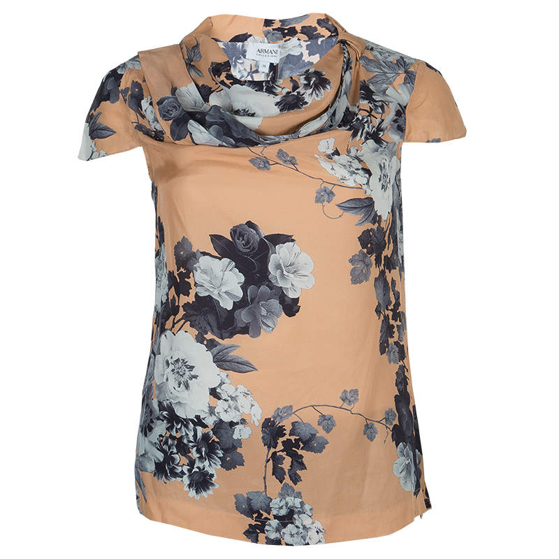 مملوكة مسبقًا بلوزة أرماني كوليزيوني نقوش أزهار حرير بني S