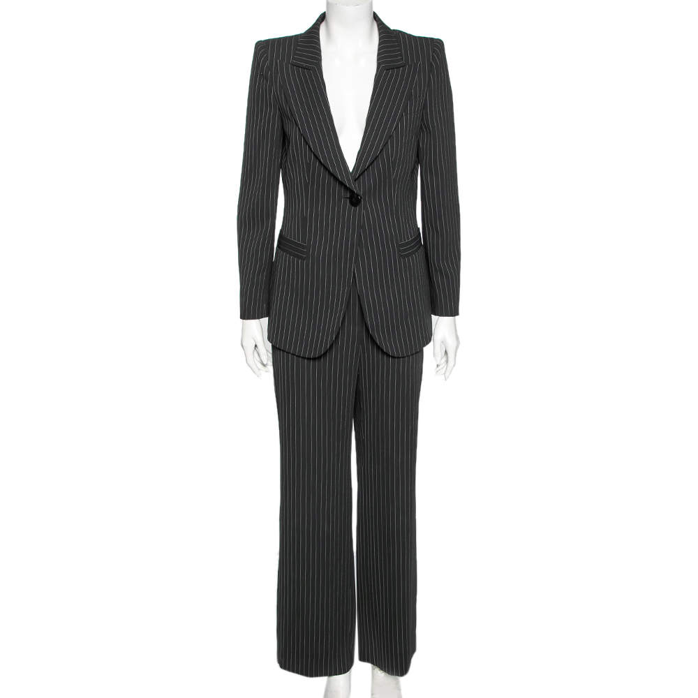 Pre Owned Armani Collezioni Black Pin Striped Crepe Single Breasted Suit M 