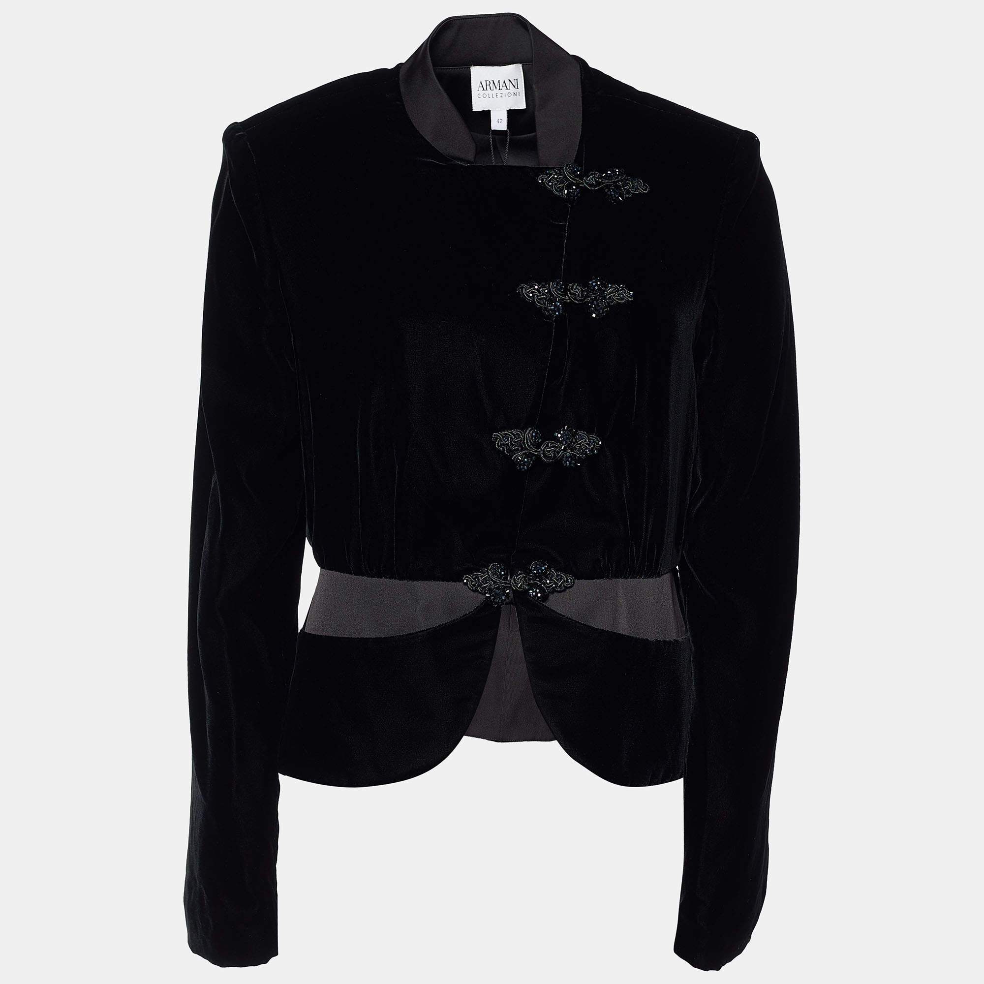 Pre Owned Armani Collezioni Black Velvet Jeweled Button Blazer M