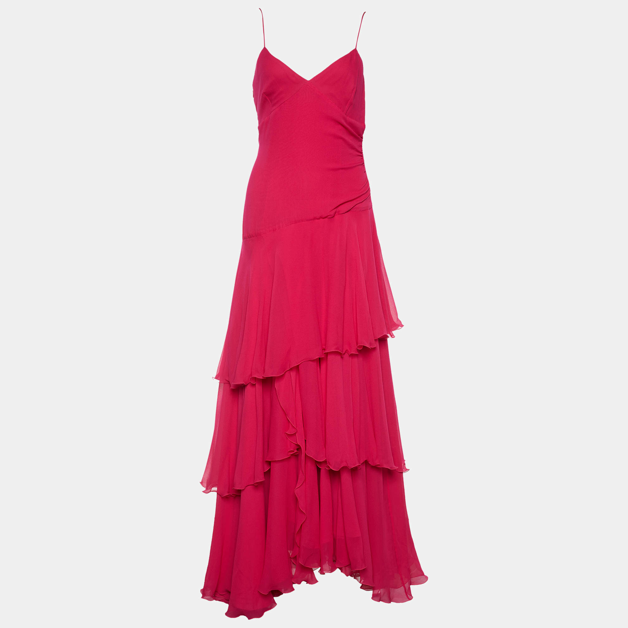 Pre Owned Armani Collezioni Pink Crepe Silk Sleeveless Ruffled Maxi Dress L