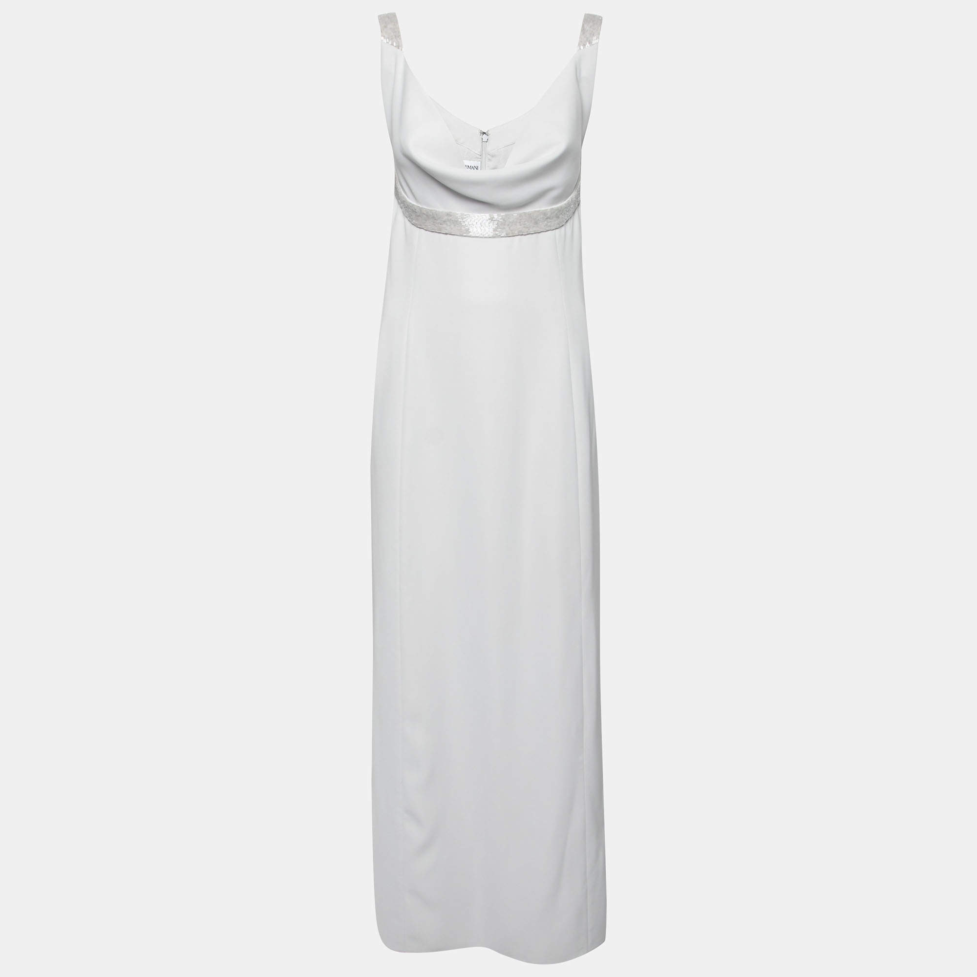 Pre Owned Armani Collezioni Grey Silk Beaded Embellished Cowl Neck Maxi Dress M