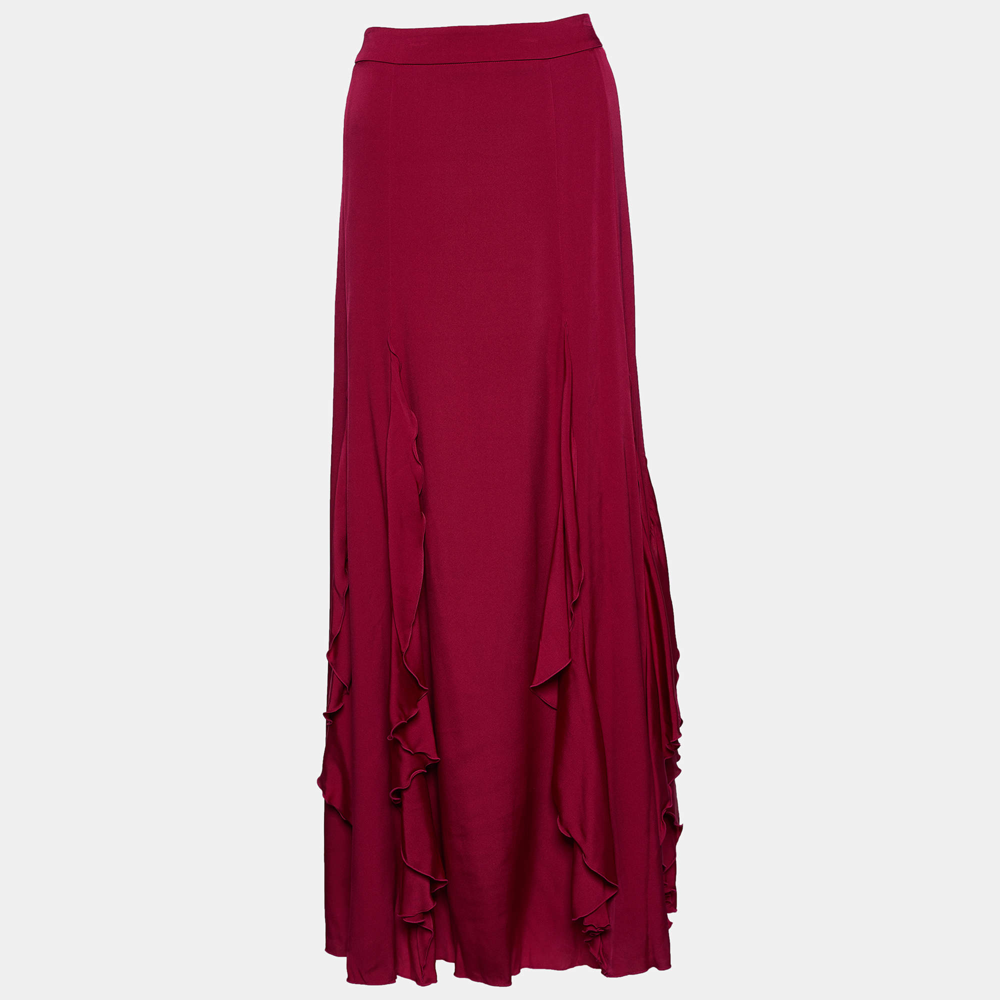 Pre Owned Armani Collezioni Pink Silk Satin Ruffle Detail Maxi Skirt M