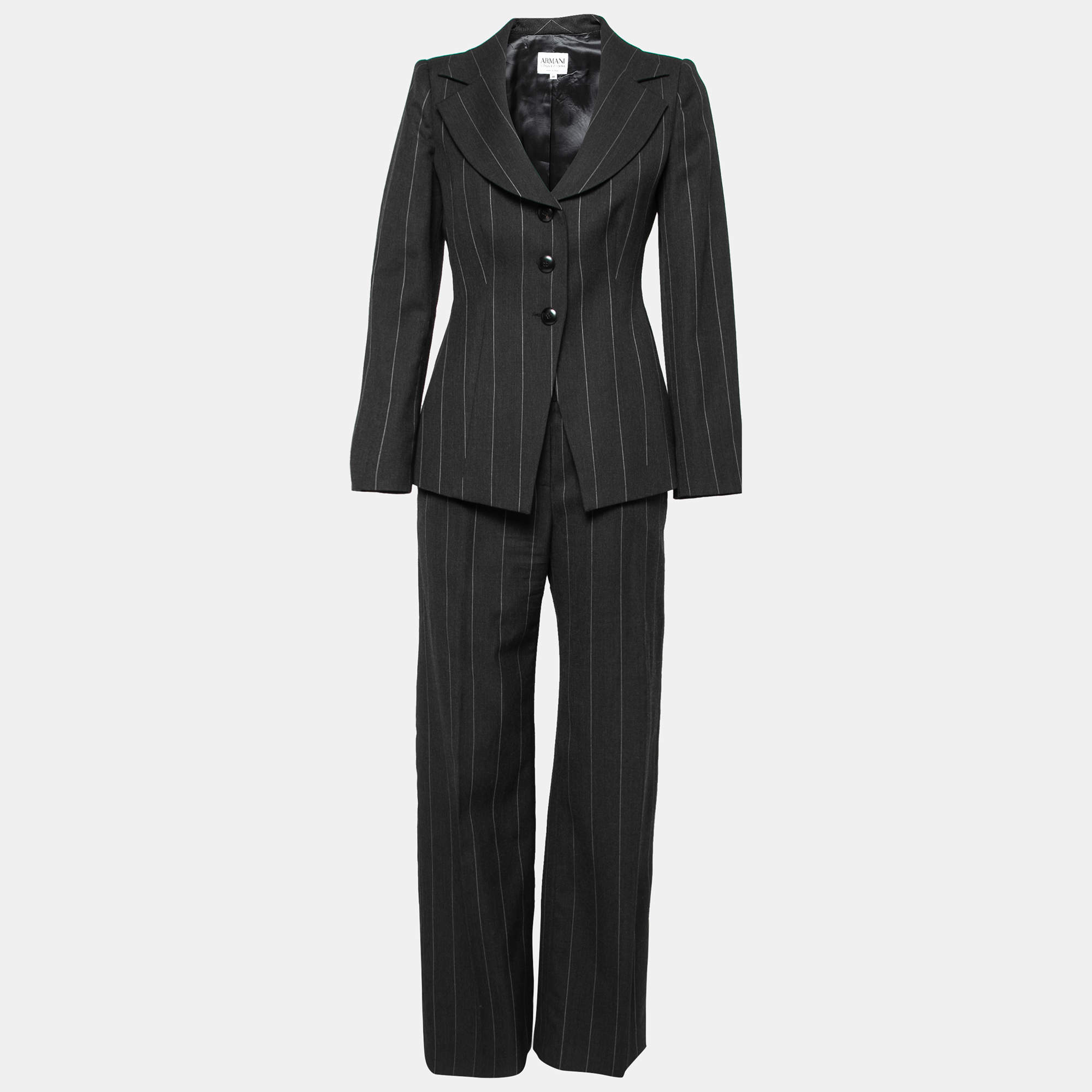 Pre Owned Armani Collezioni Charcoal Grey Pinstriped Wool Tailored Suit M