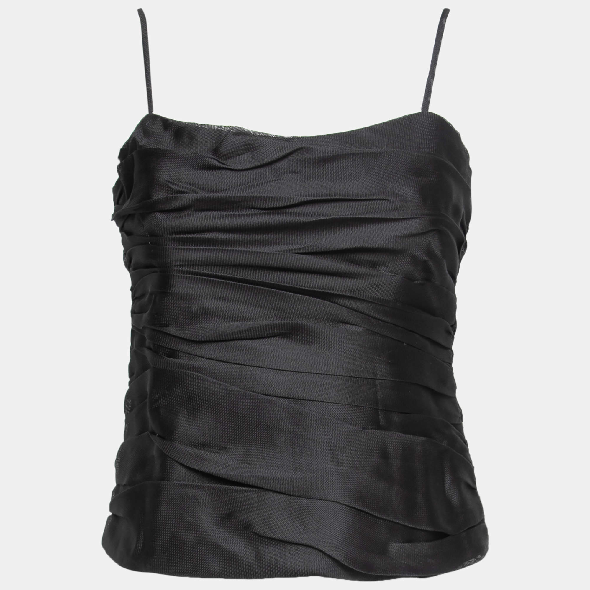 Pre Owned Armani Collezioni Black Textured Silk Gathered Camisole M