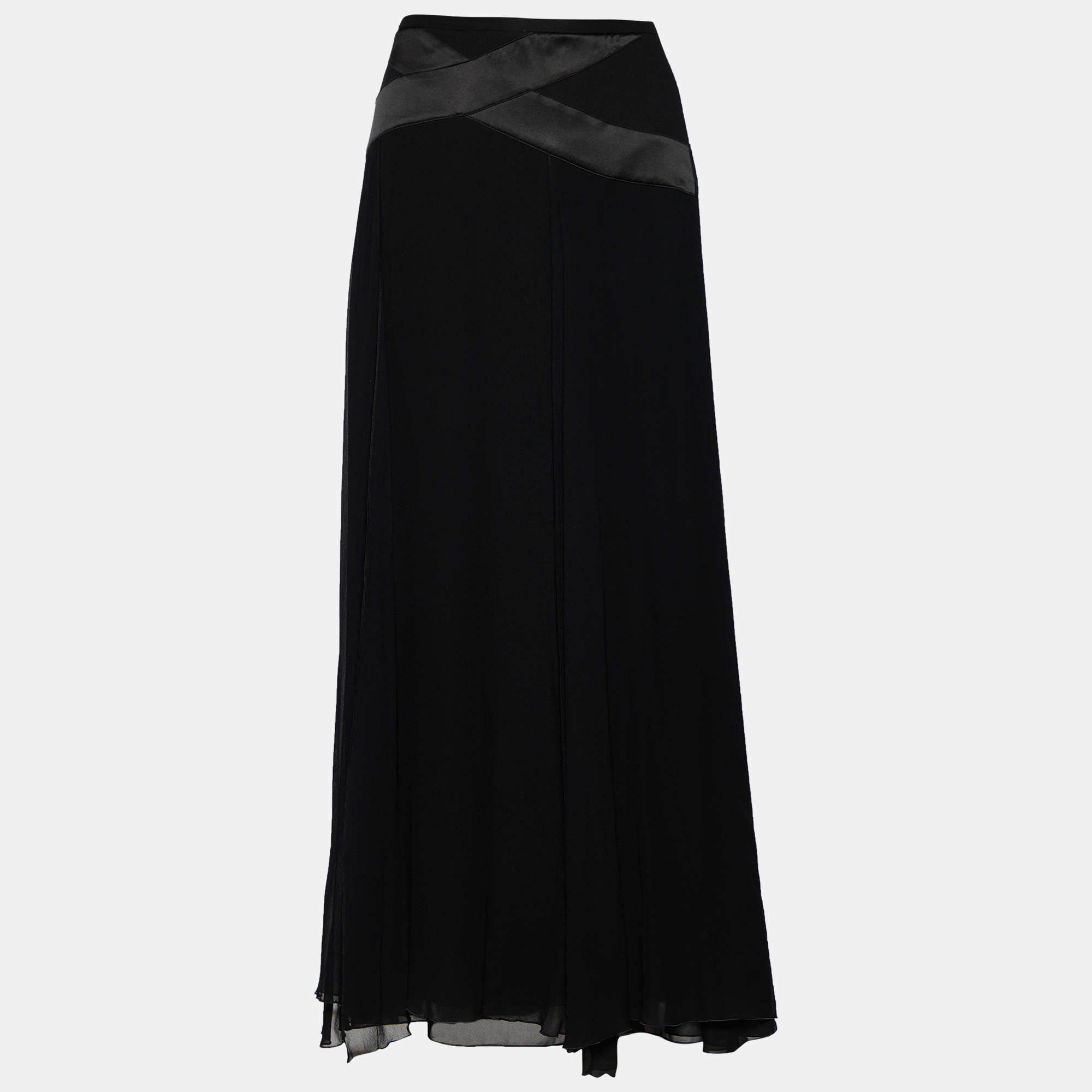 Pre Owned Armani Collezioni Black Silk Paneled Midi Skirt S