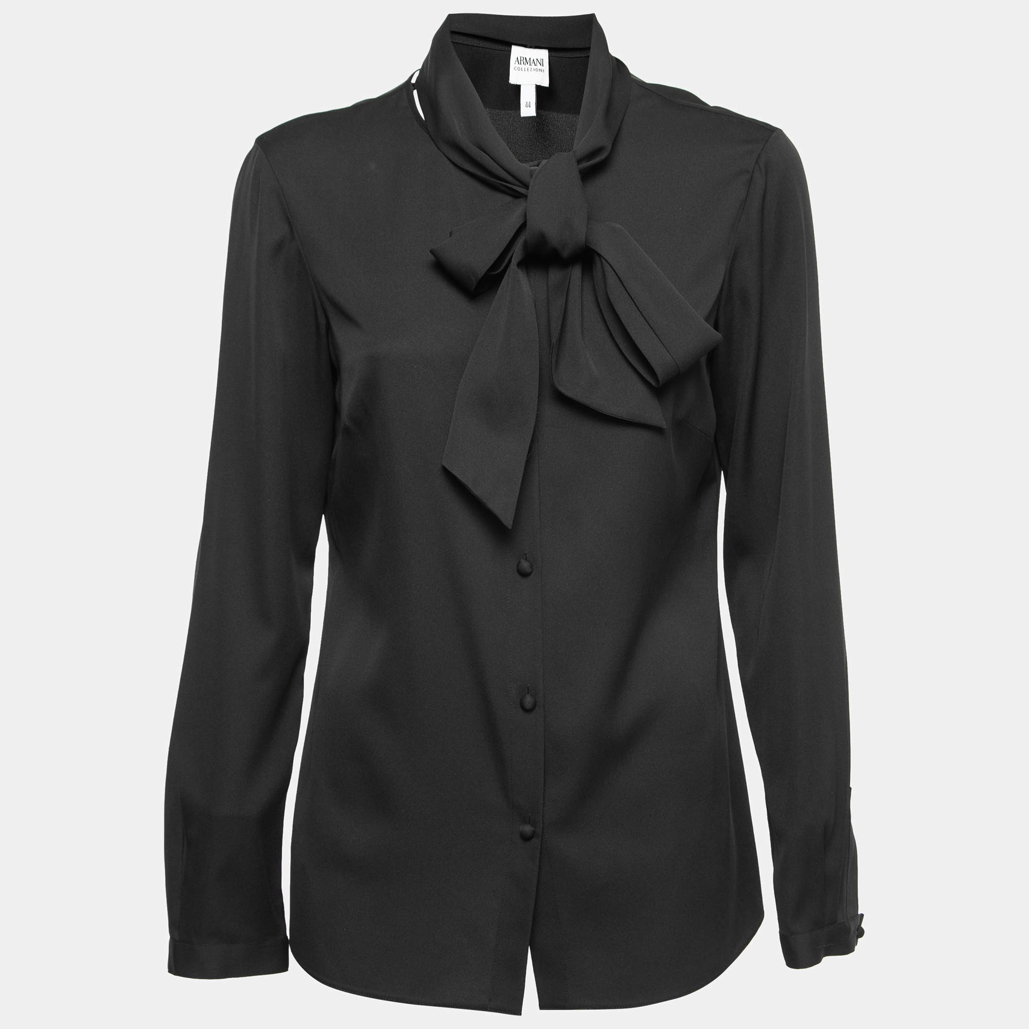 Pre Owned Armani Collezioni Black Silk Tie-Neck Blouse M