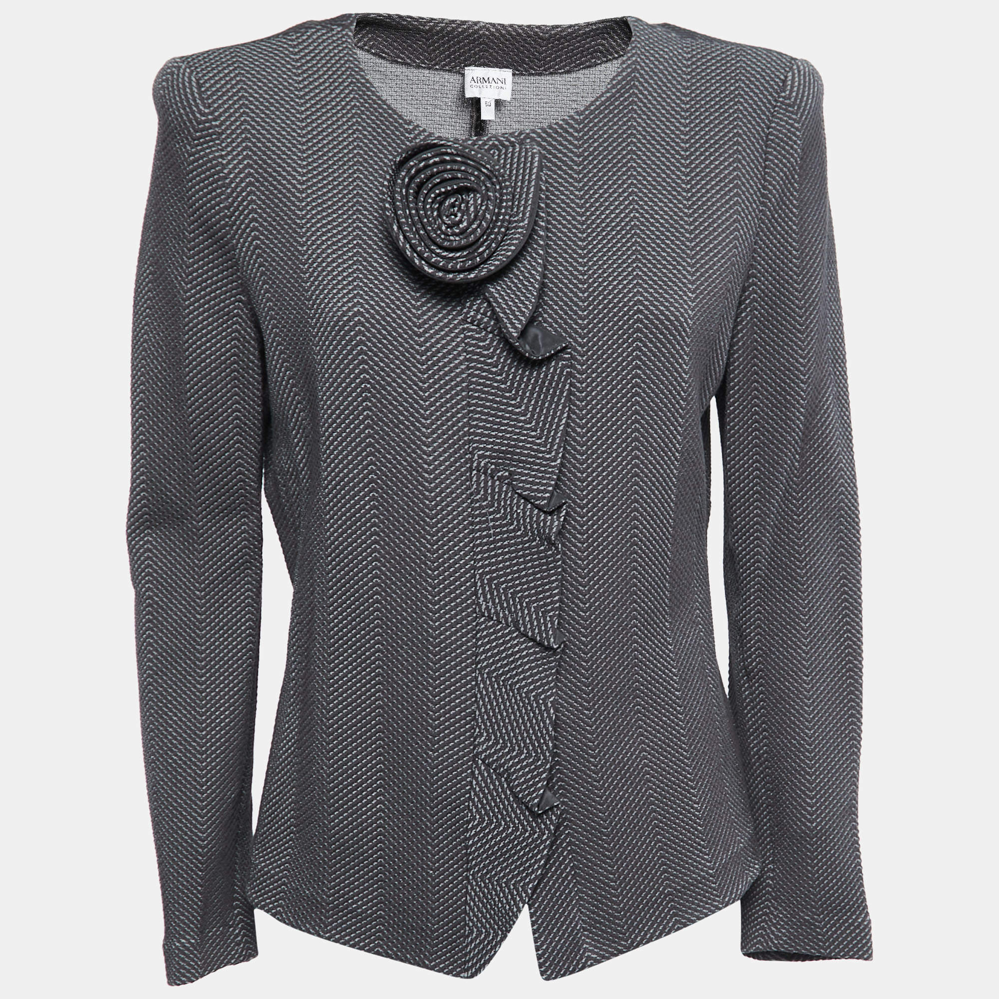 Pre Owned Armani Collezioni Grey Chevron Pattern Floral Detail Ruffled Blazer XL