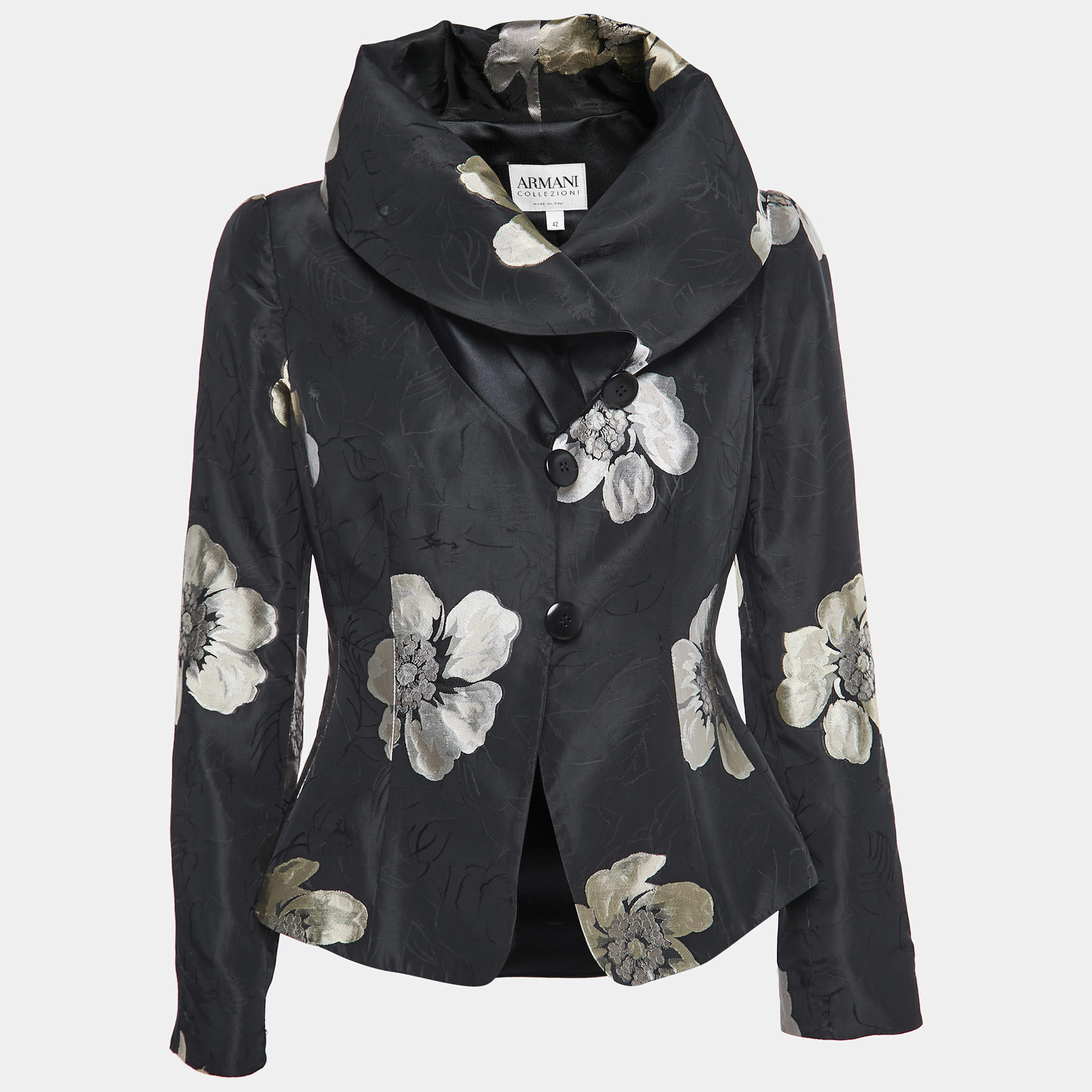 Pre Owned Armani Collezioni Black Floral Jacquard Cowl Neck Blazer M