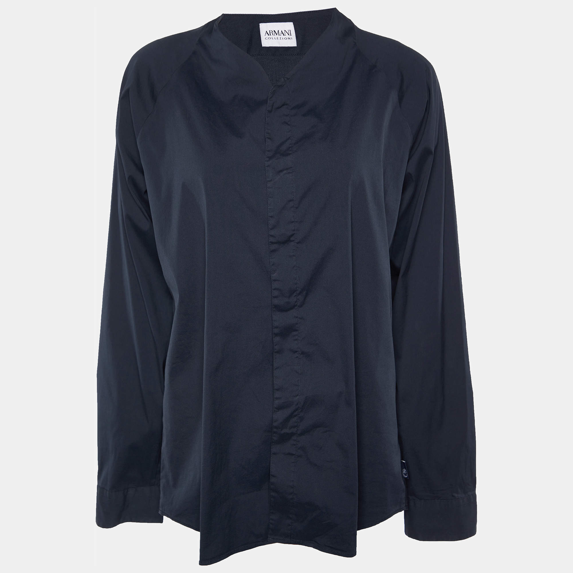 Pre Owned Armani Collezioni Navy Blue Cotton Collarless Shirt XL