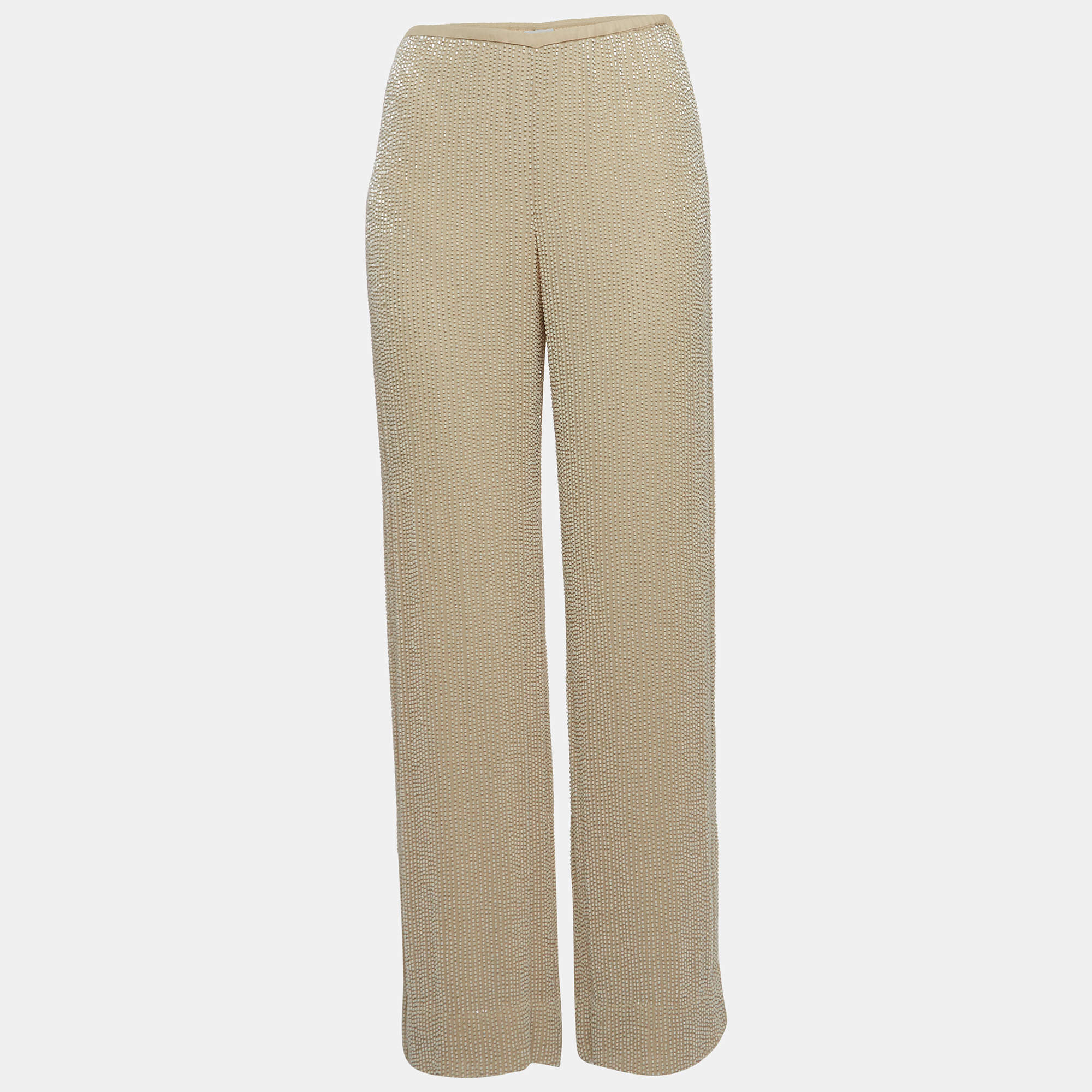 Pre Owned Armani Collezioni Beige Sequin Embellished Wide Leg Pants S