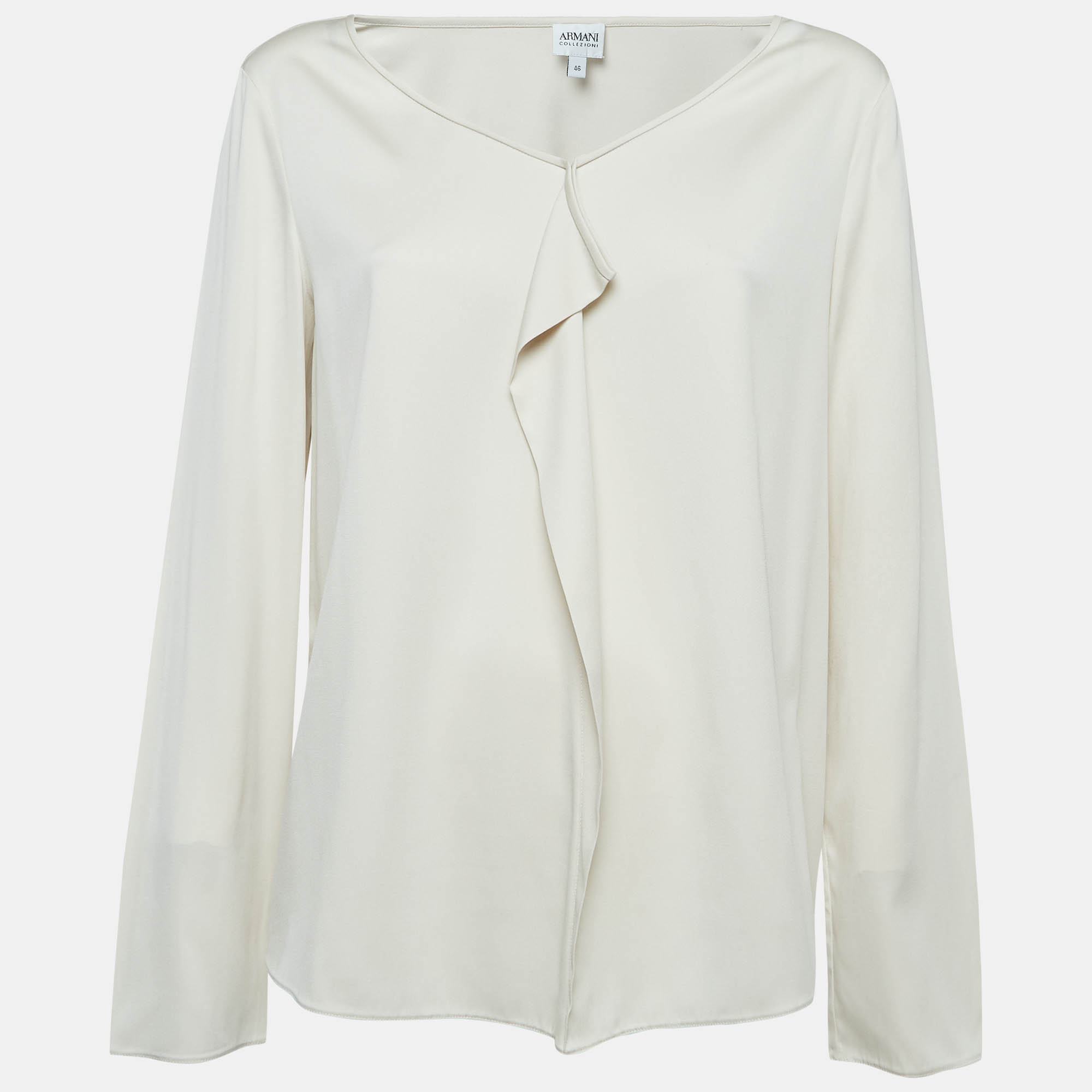 Pre Owned Armani Collezioni Cream Satin Silk Ruffled Blouse L