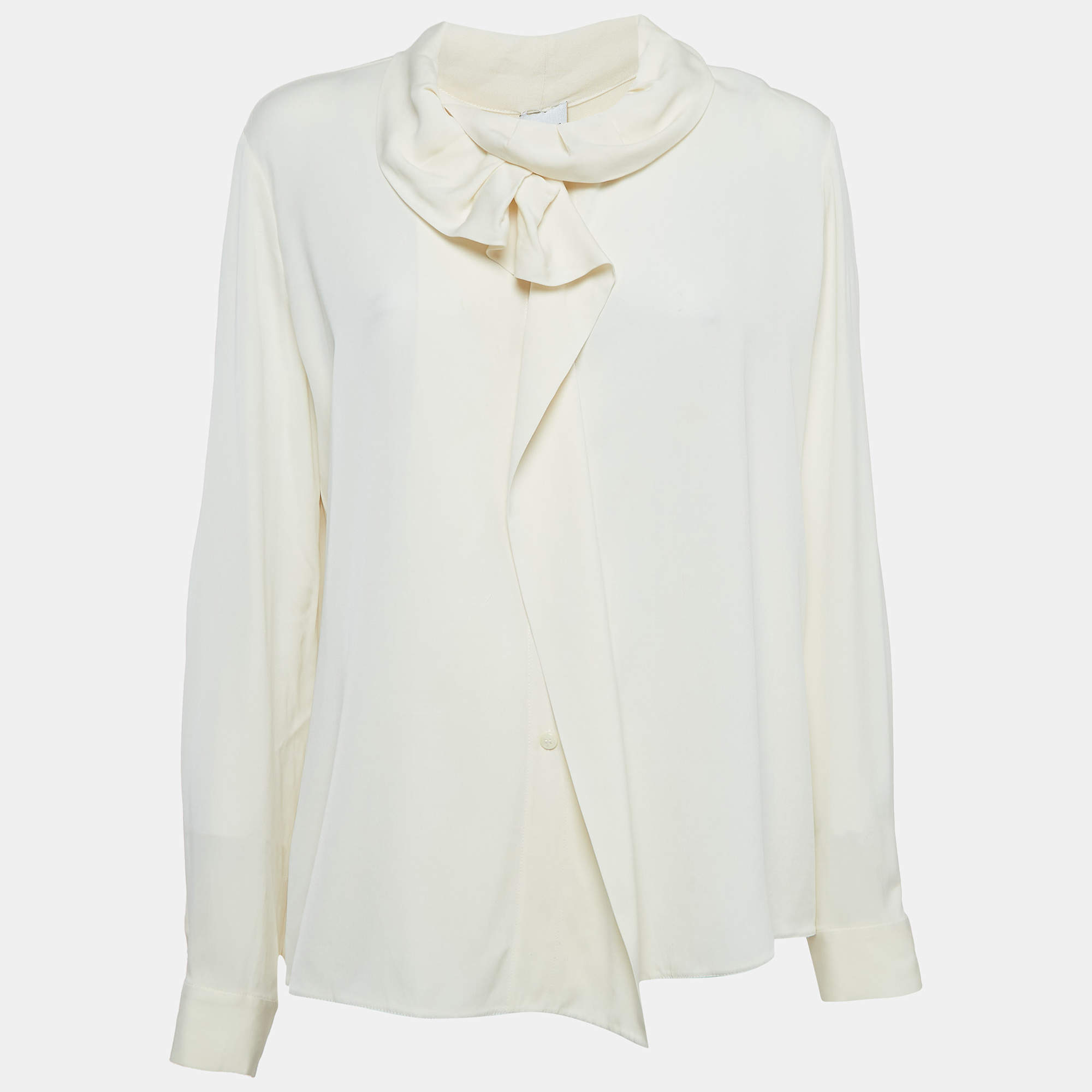 Armani Collezioni Off White Ruffled Satin Silk Shirt L