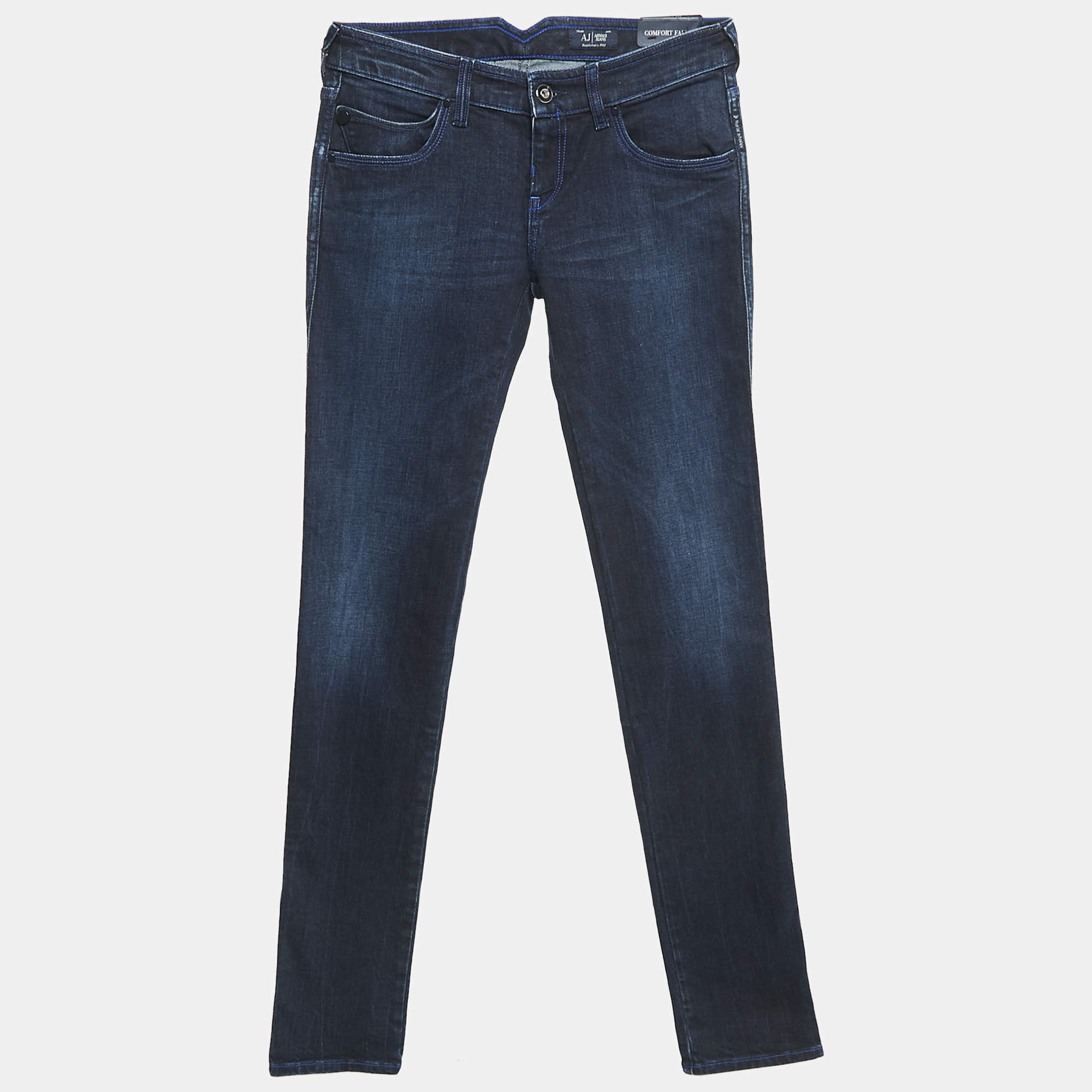 Pre Owned Armani Jeans Navy Blue Faded Denim Skinny Fit J40 Jeans S Waist 27"