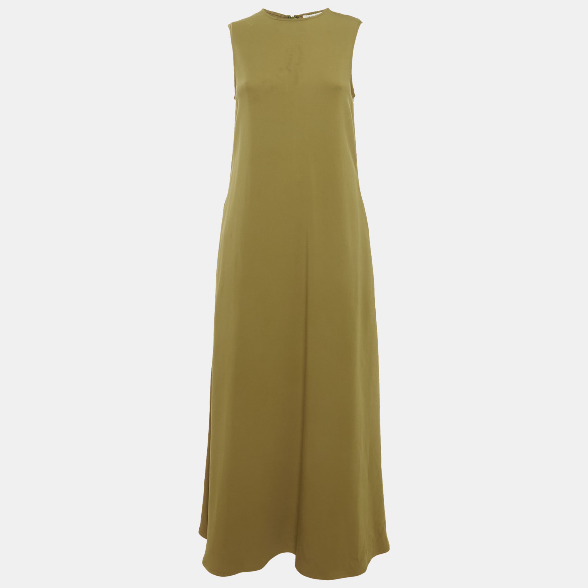 مملوكة مسبقًا Asceno Olive Green Crepe Sleeveless Long Dress XS