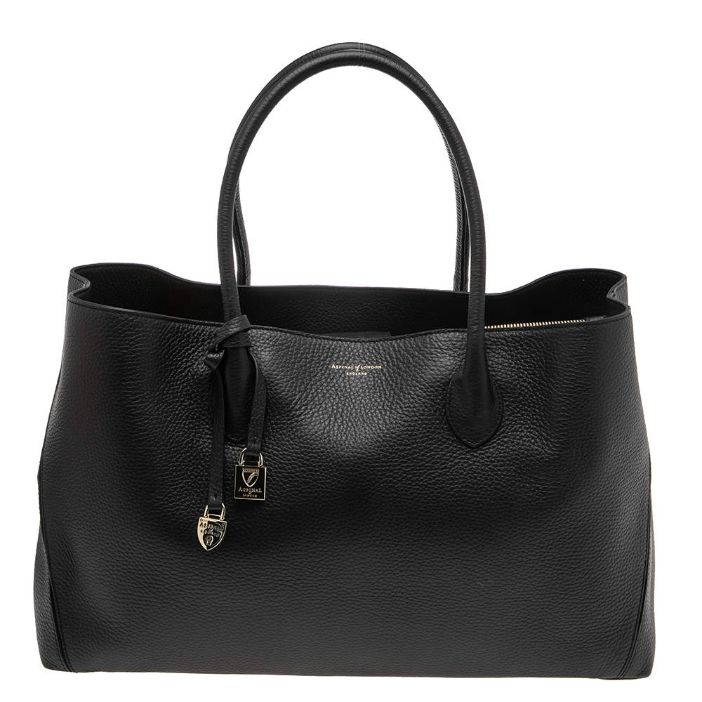 Pre Owned Aspinal Of London Black Grained Leather The London Tote