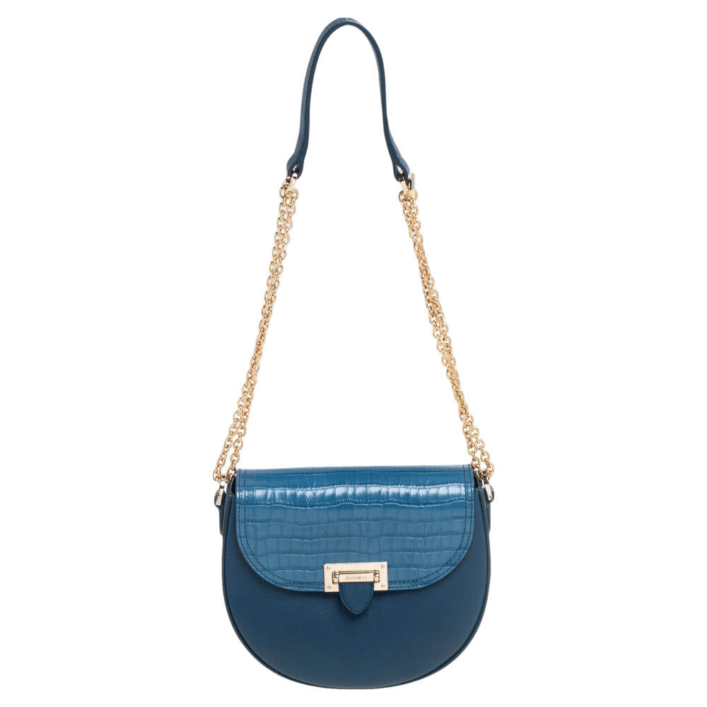 Pre Owned Aspinal Of London Blue Croc Embossed Leather And Leather Portobello Shoulder Bag