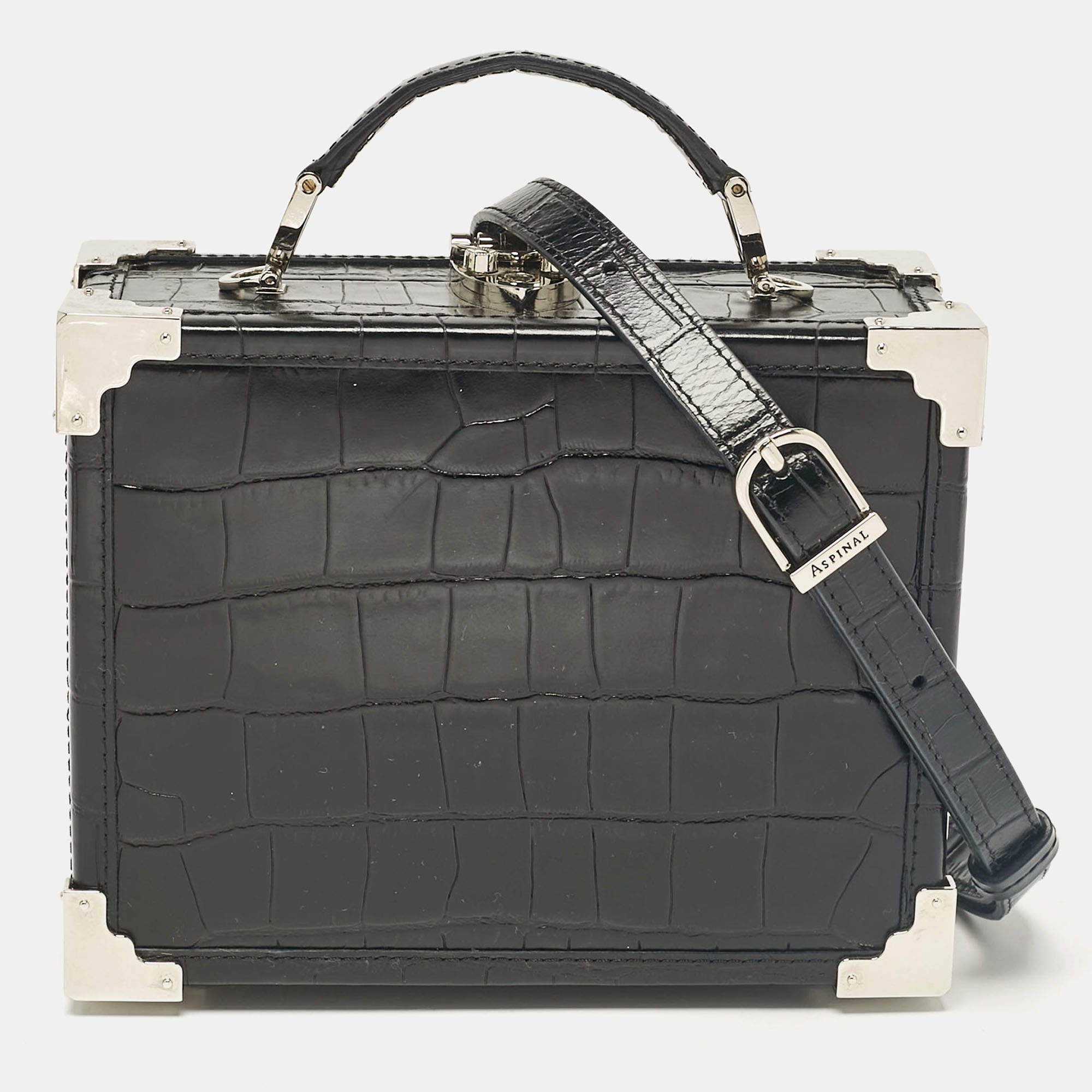 Aspinal Of London Black Croc Embossed Leather Trunk Top Handle Bag