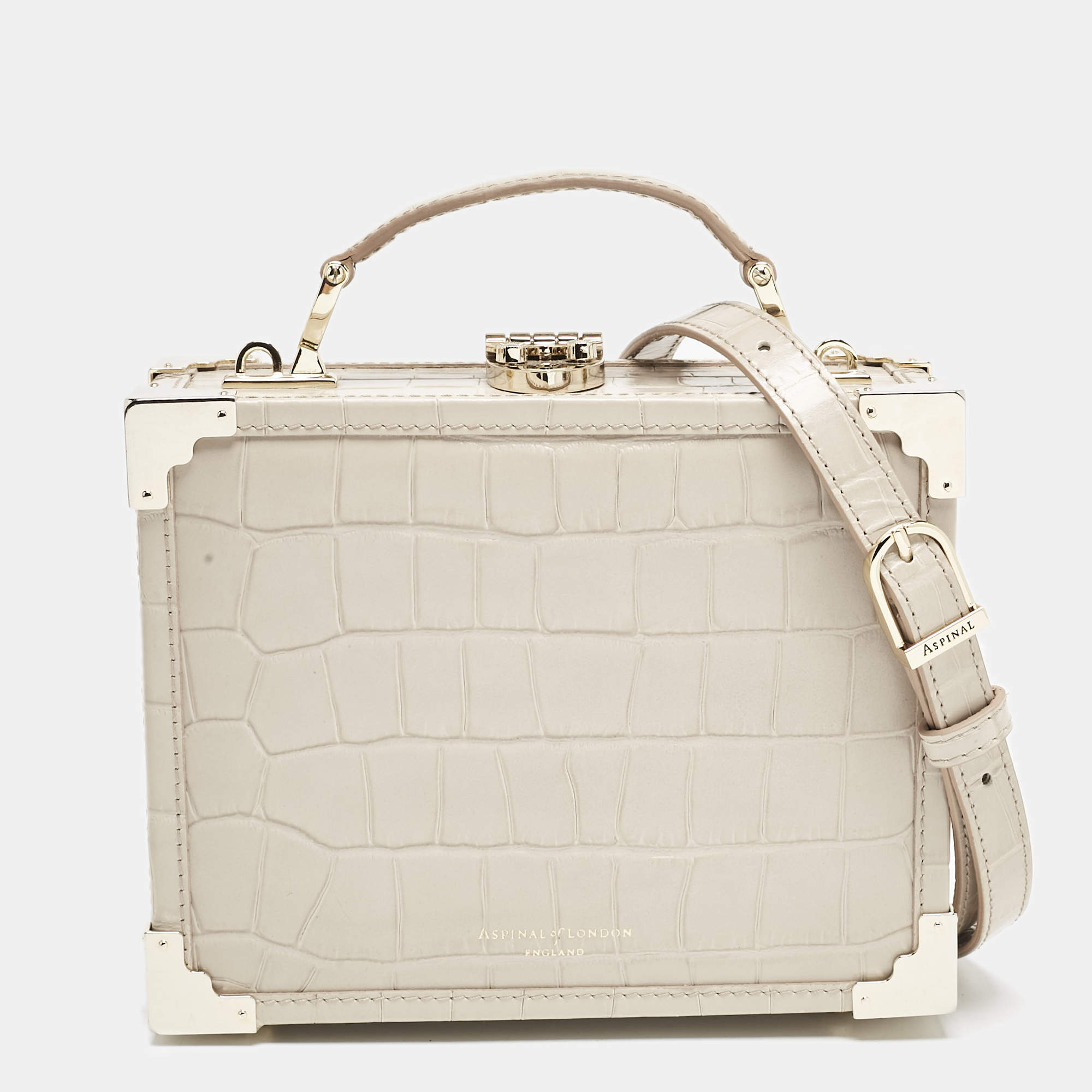 Aspinal Of London Light Beige Croc Embossed Leather Trunk Top Handle Bag