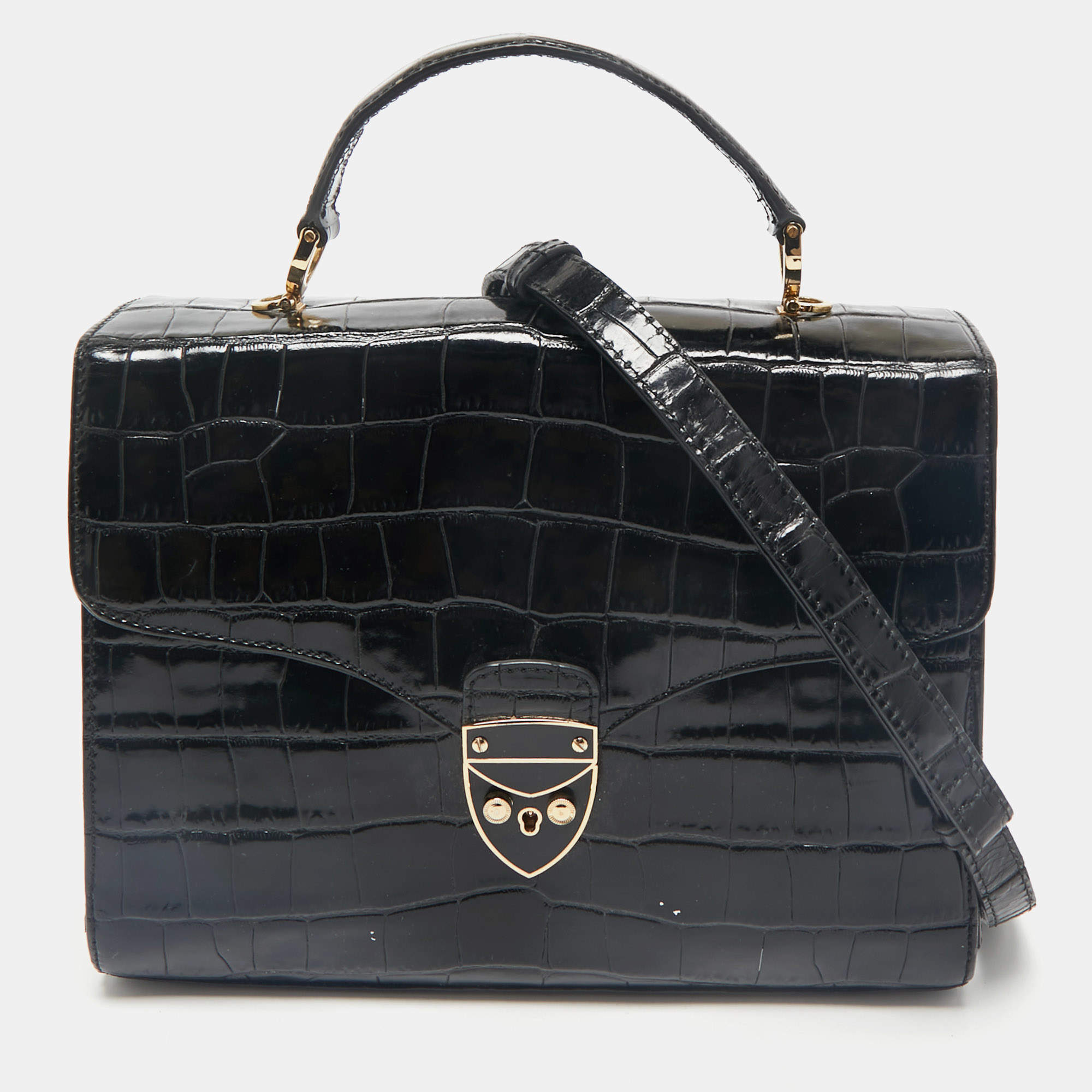 Aspinal Of London Black Croc Embossed Leather Mayfair Top Handle Bag
