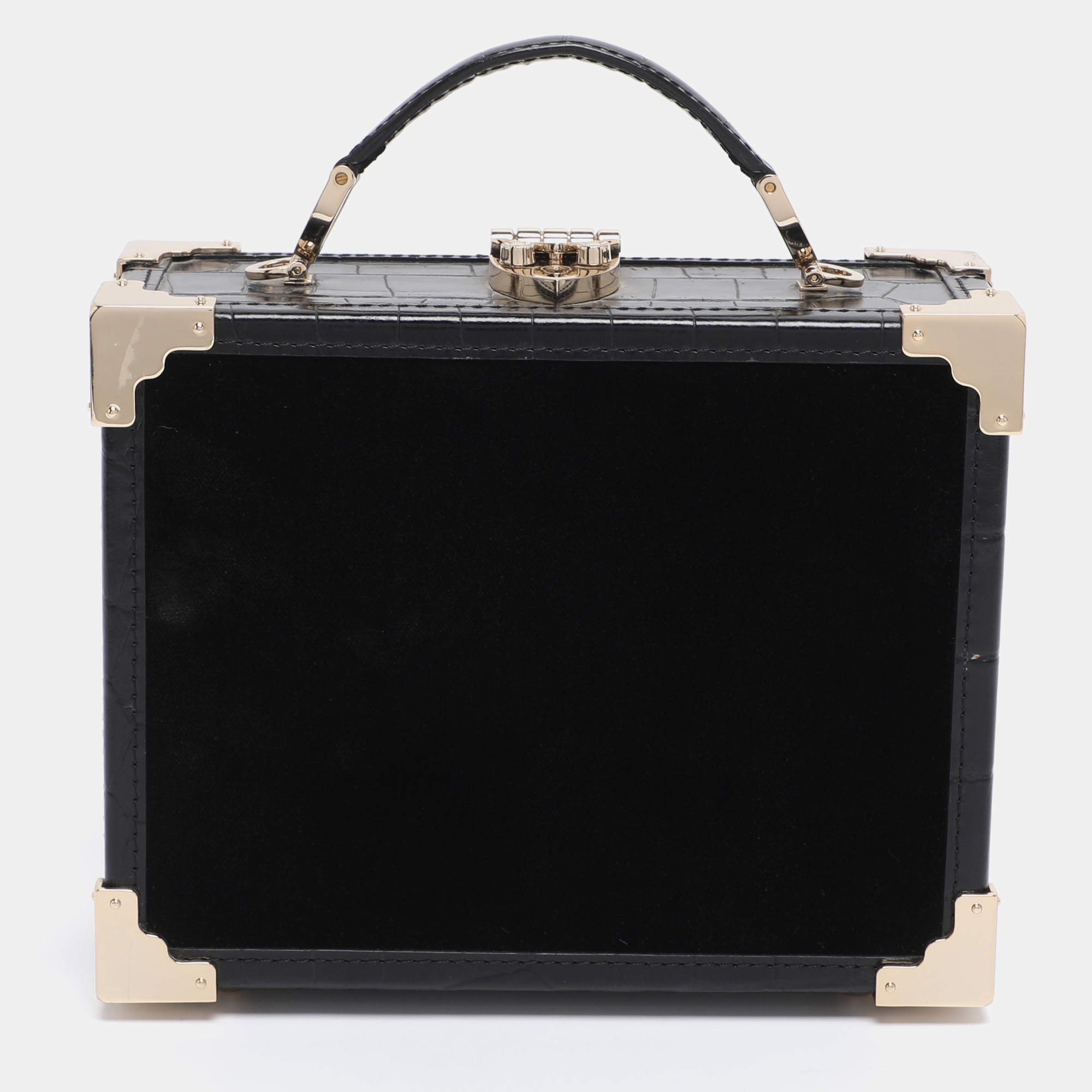 Pre Owned Aspinal of London Black Croc Embossed Leather and Velvet Trinket Top Handle Bag 