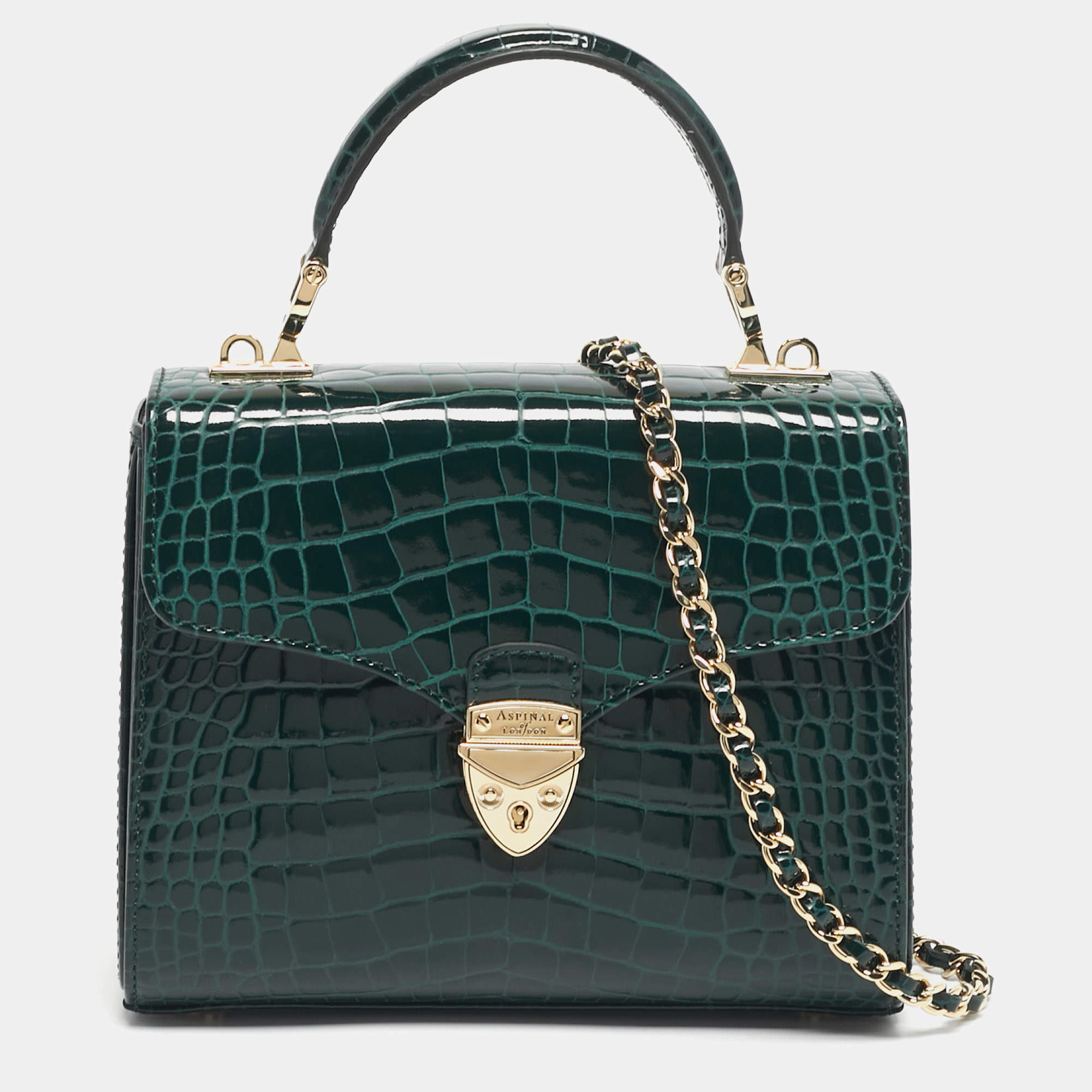 Pre Owned Aspinal of London Green Croc Embossed Patent Leather Small Mayfair Top Handle Bag