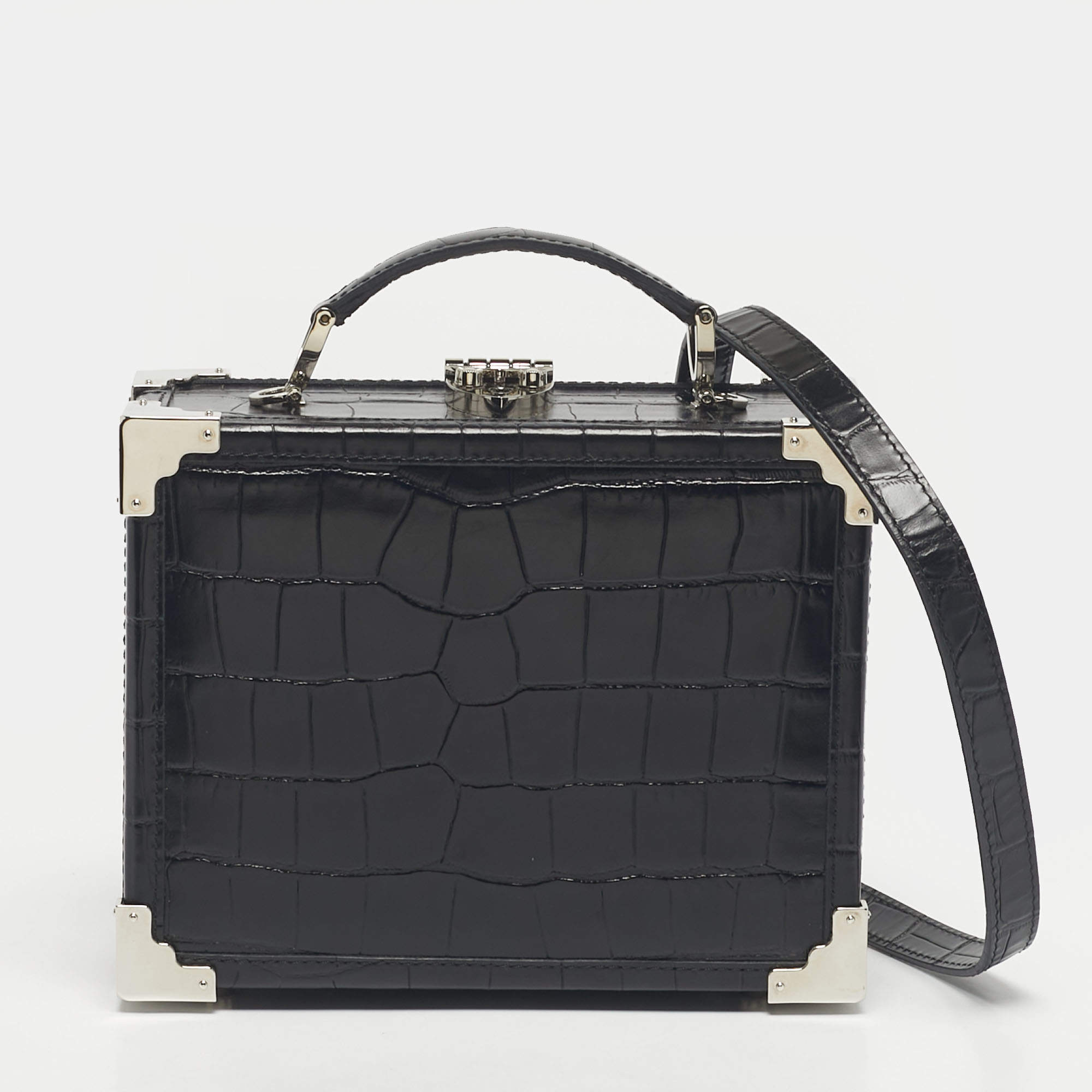 Pre Owned Aspinal Of London Black Croc Embossed Leather Trunk Top Handle Bag