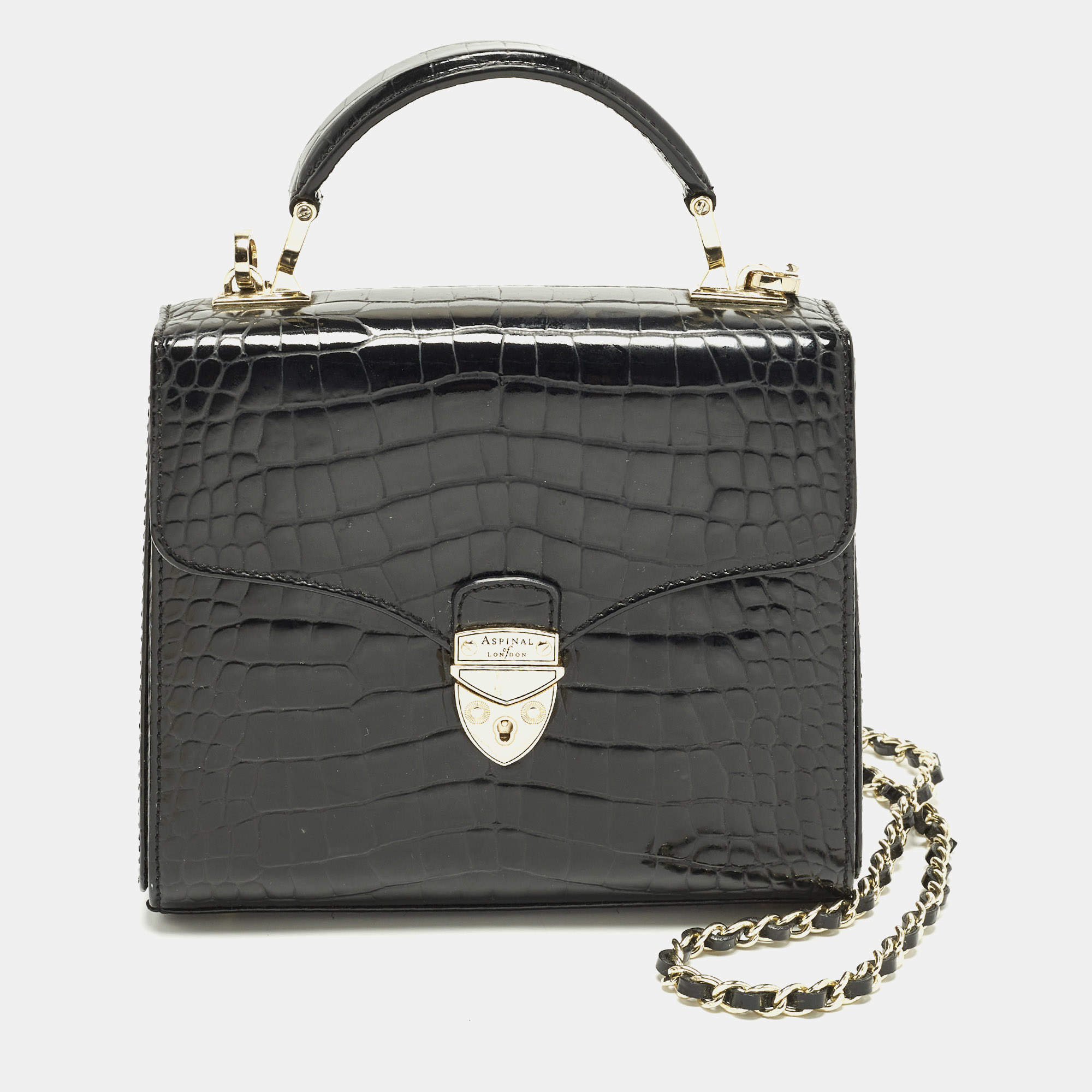 Pre Owned Aspinal of London Mayfair Small Black Croc Embossed Patent Leather Top Handle Bag