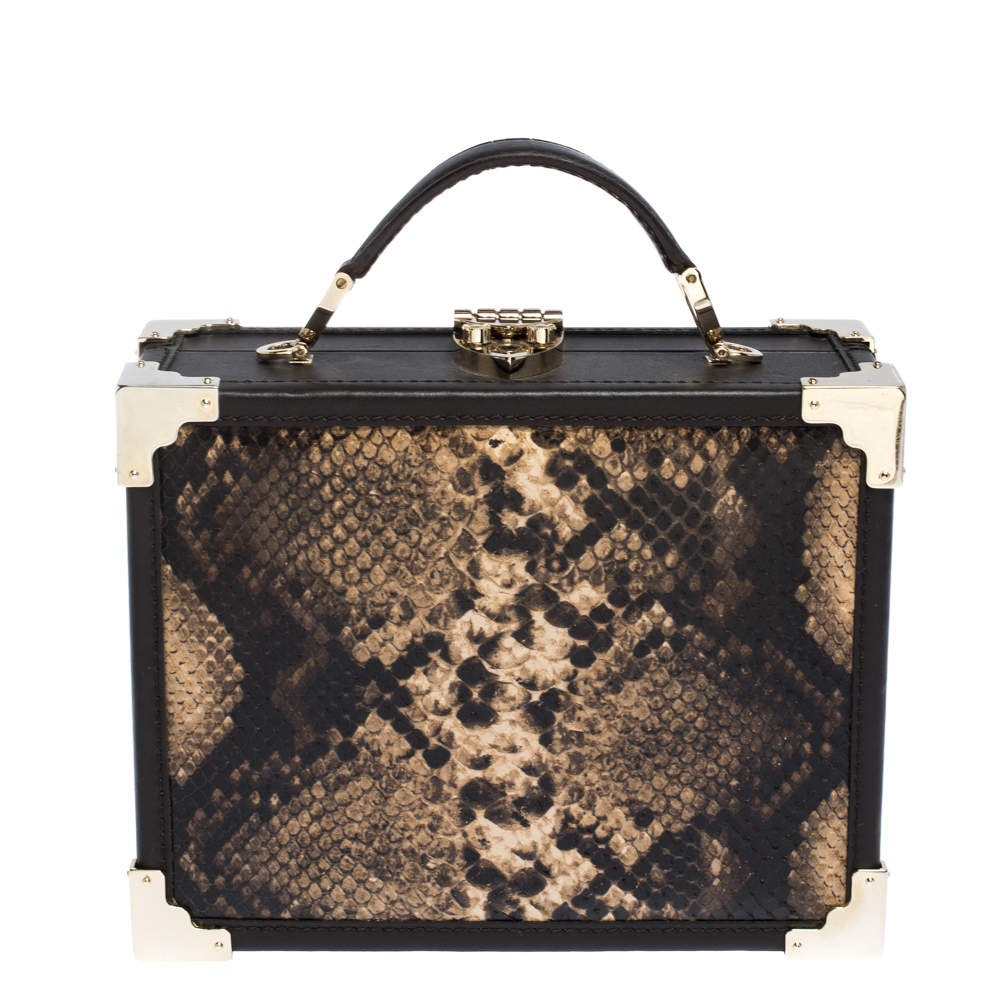 Aspinal of London Brown Leather and Python Effect Mini Trunk Top Handle Bag