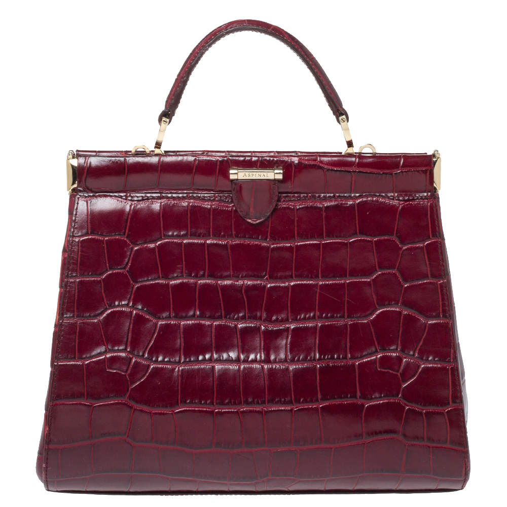 Aspinal Of London Maroon Croc Embossed Leather Top Handle Bag
