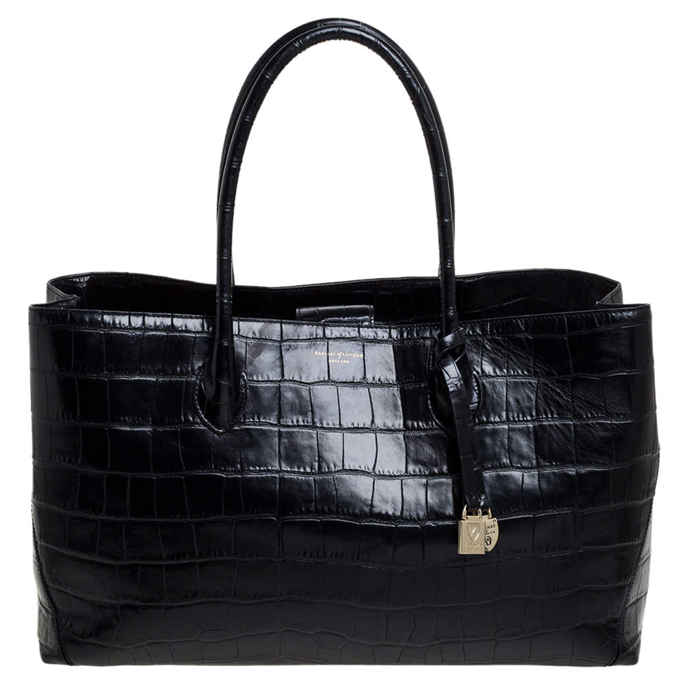 Aspinal Of London Black Croc Embossed Leather The London Tote