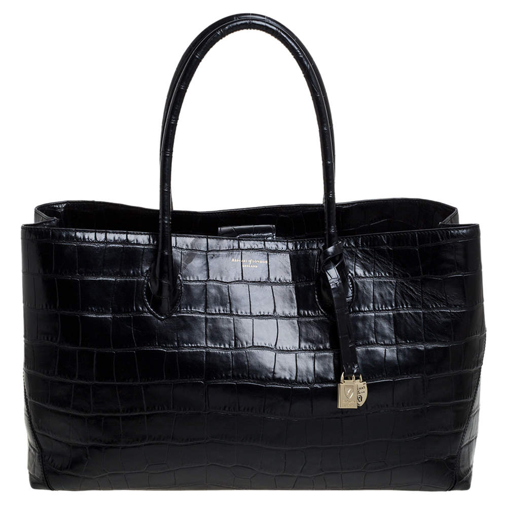Pre Owned Aspinal Of London Black Croc Embossed Leather The London Tote