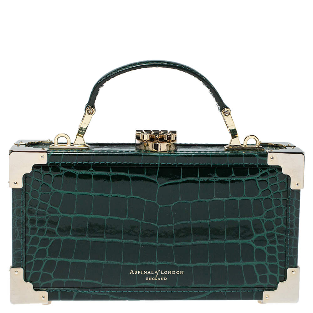 Pre Owned Aspinal of London Green Croc Emboosed Patent Leather Trinket Top Handle Bag 