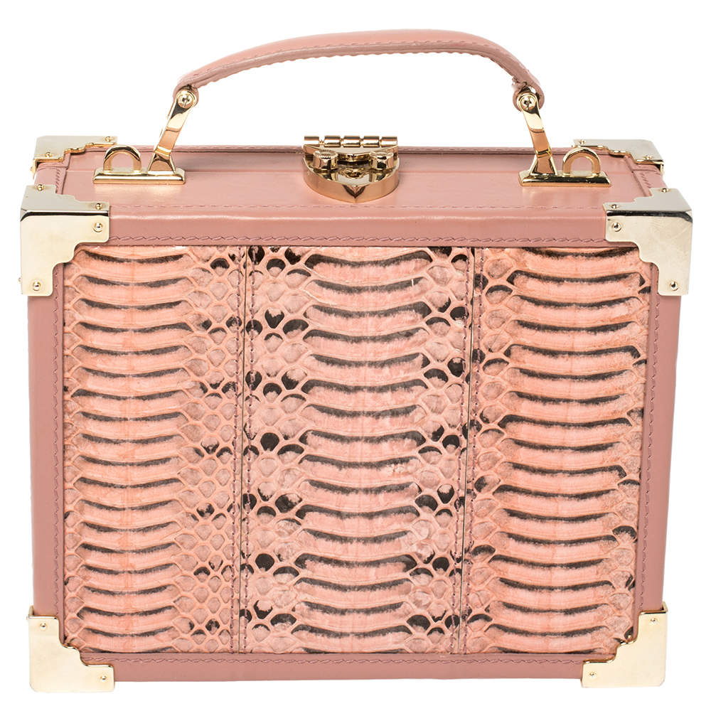 Aspinal of London Pink Watersnake and Leather Mini Trunk Top Handle Bag