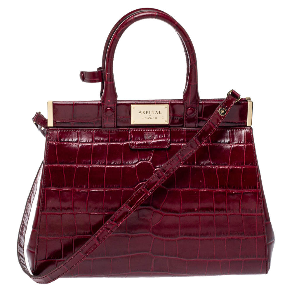 Aspinal Of London Burgundy Croc Embossed Leather Small Florence Snap Tote