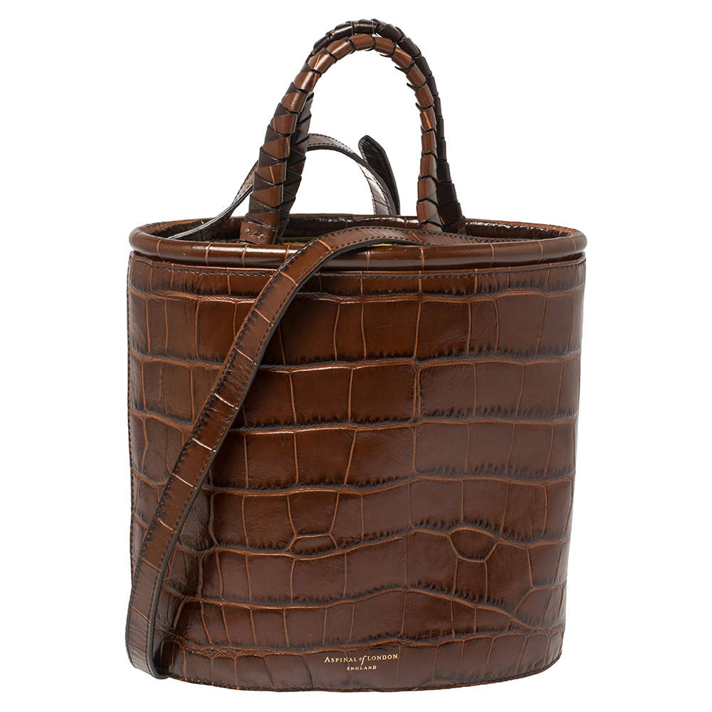 Aspinal of London Brown Croc Bucket Bag 