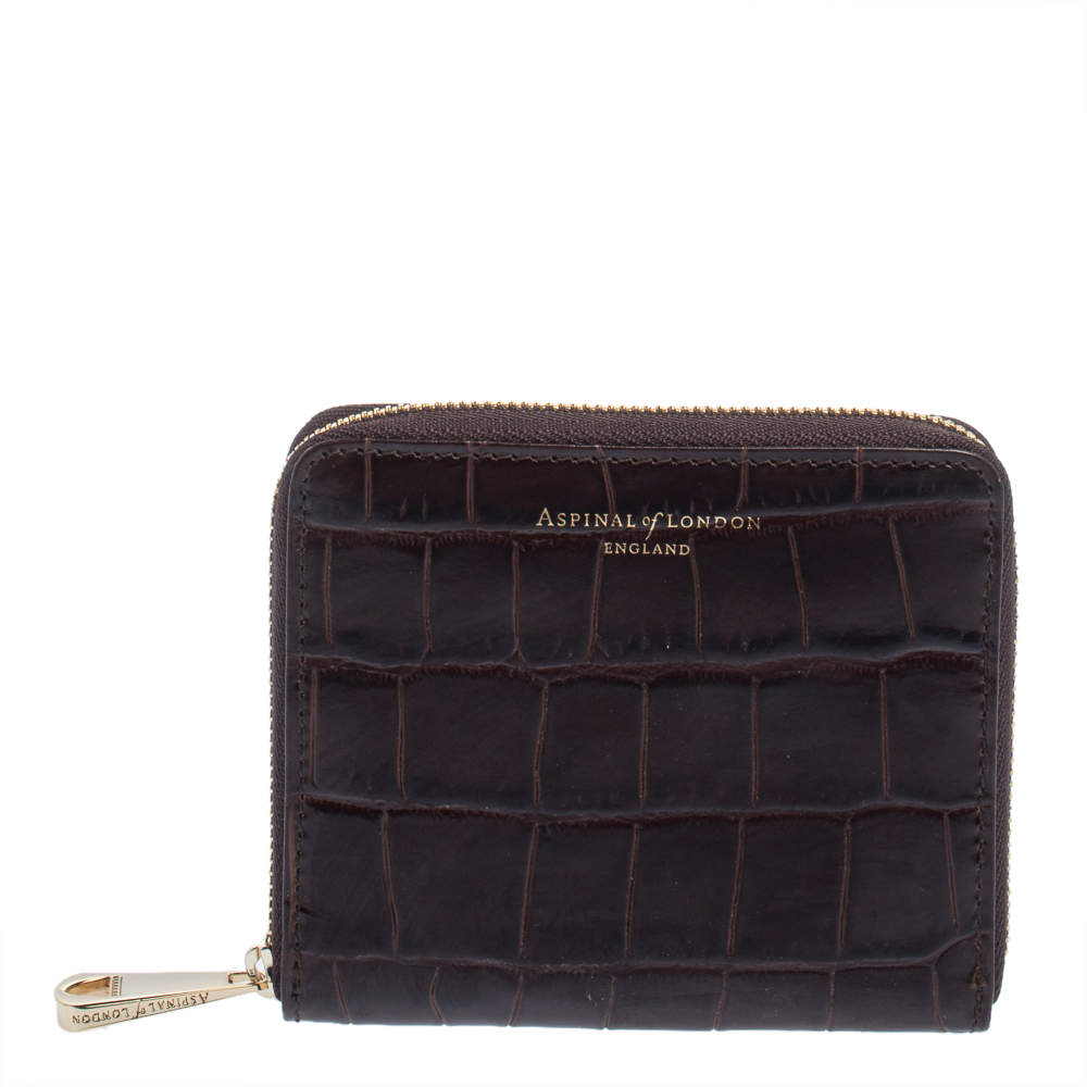 Aspinal of London Dark Brown Croc Embossed Leather Zip Around Compact Wallet