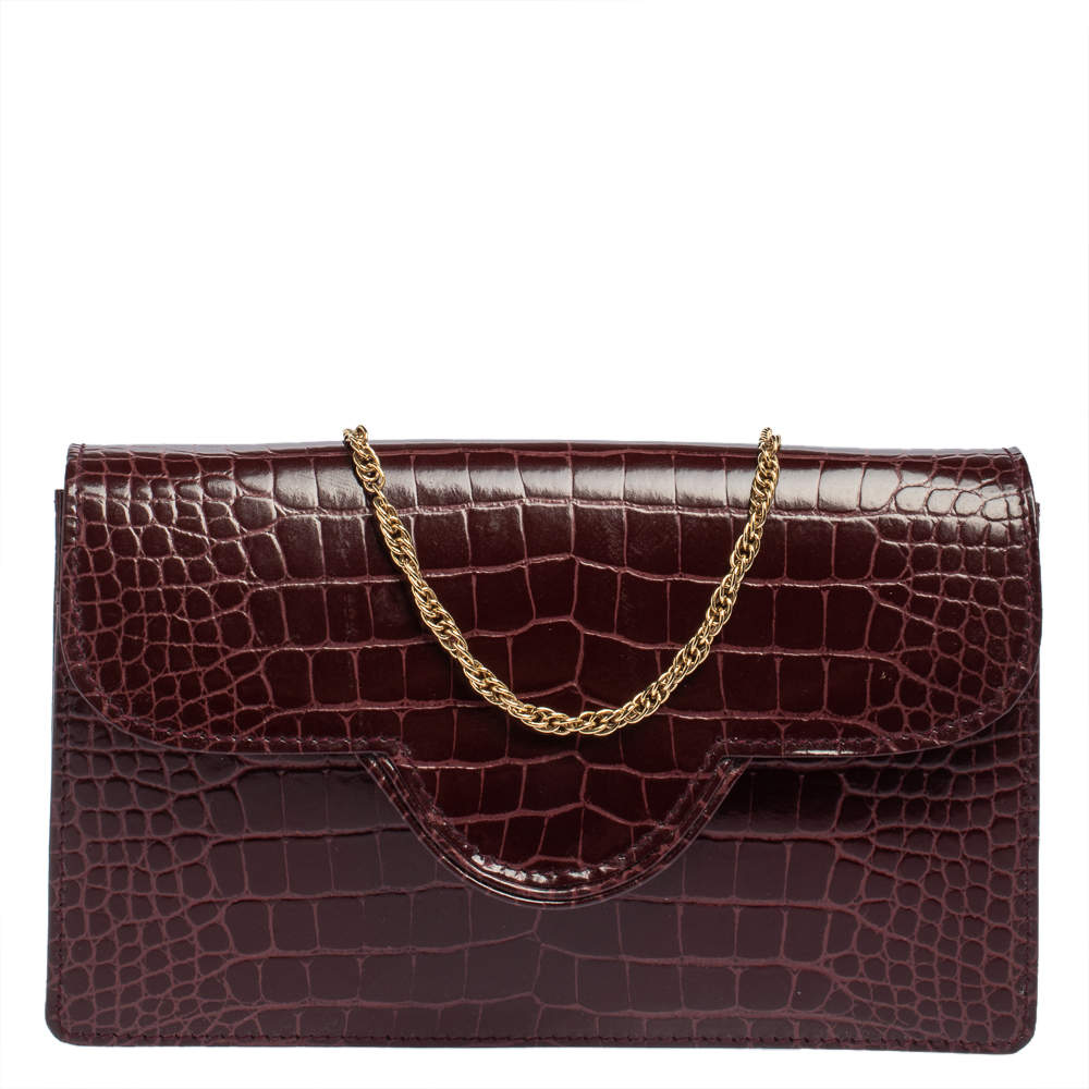 Aspinal of London Burgundy Croc Embossed Leather Ava Shoulder Bag