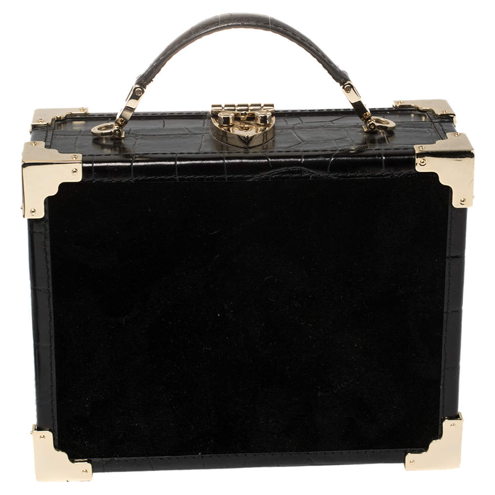 Aspinal of London Black Croc Emboosed Leather and Velvet Trinket Top Handle Bag 