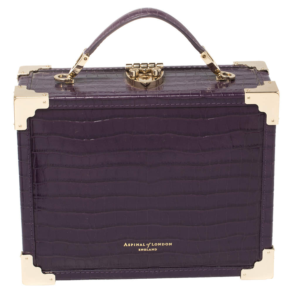 Aspinal Of London Purple Croc Embossed Leather Trunk Top Handle Bag