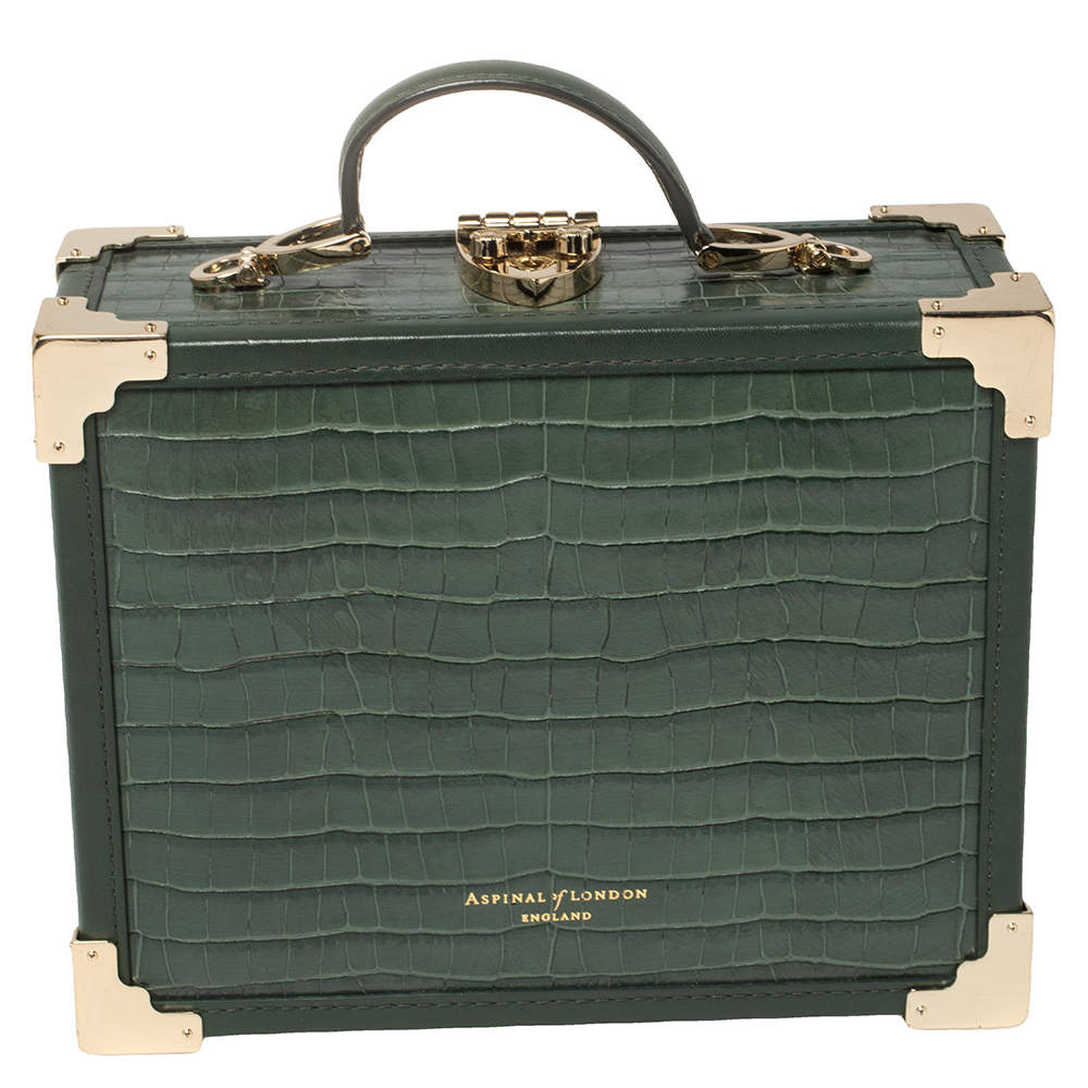 Aspinal of London Green Croc Embossed Leather Trinket Top Handle Bag 