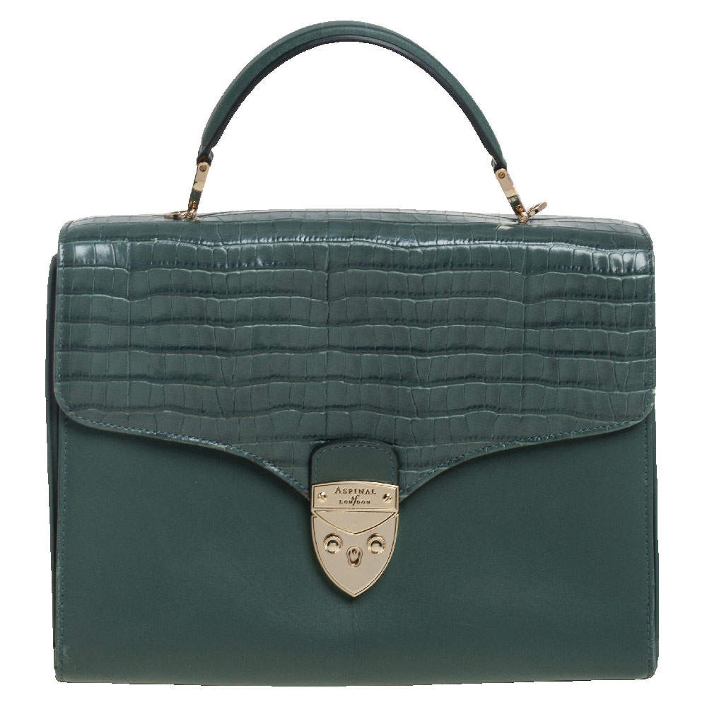 Aspinal Of London Green Croc Embossed and Leather Mayfair Top Handle Bag