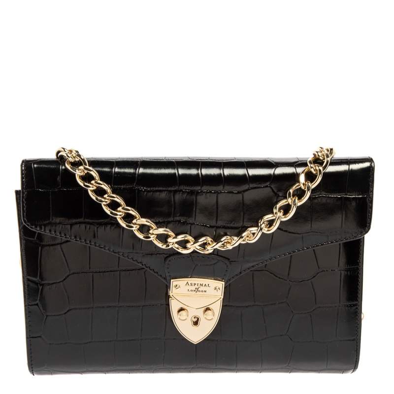 Aspinal Of London Black Croc Embossed Leather Chain Mayfair Shoulder Bag