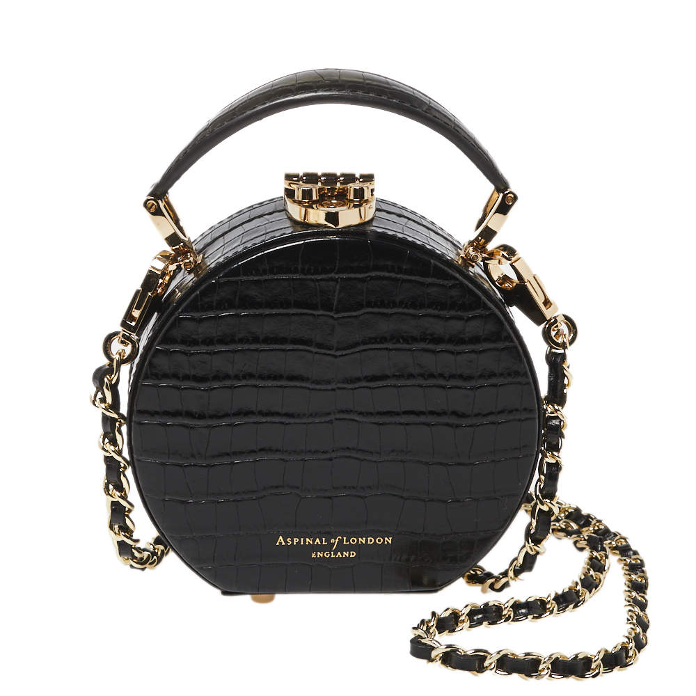 Aspinal Of London Black Croc Embossed Leather Hat Box Shoulder Bag