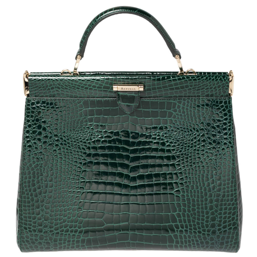 Aspinal Of London Green Croc Embossed Leather Top Handle Bag