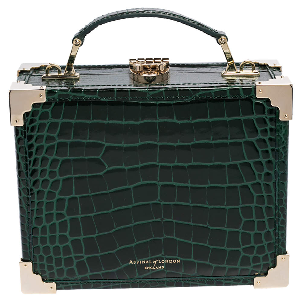 Aspinal of London Green Croc Embossed Leather Trinket Top Handle Bag 