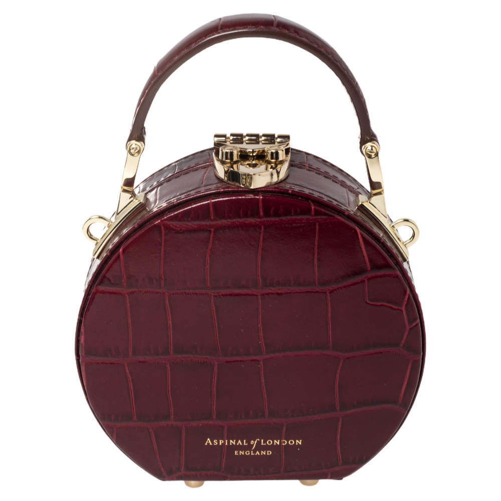 Aspinal Of London Burgundy Croc Embossed Leather Hat Box Shoulder Bag ...