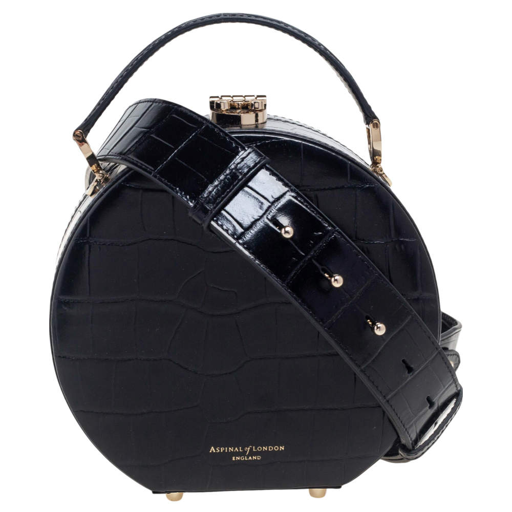 Aspinal Of London Black Croc Embossed Leather Hat Box Shoulder Bag
